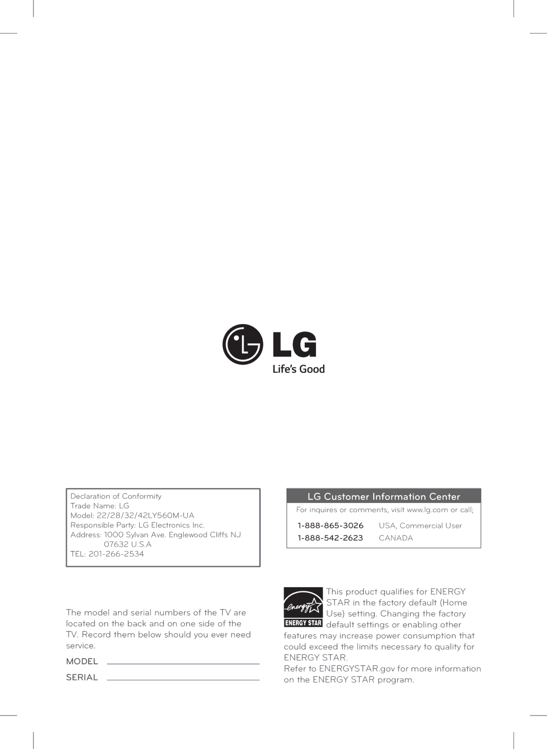 LG Electronics 42LY560M, 28LY560M, 32LY560M, 22LY560M owner manual LG Customer Information Center 