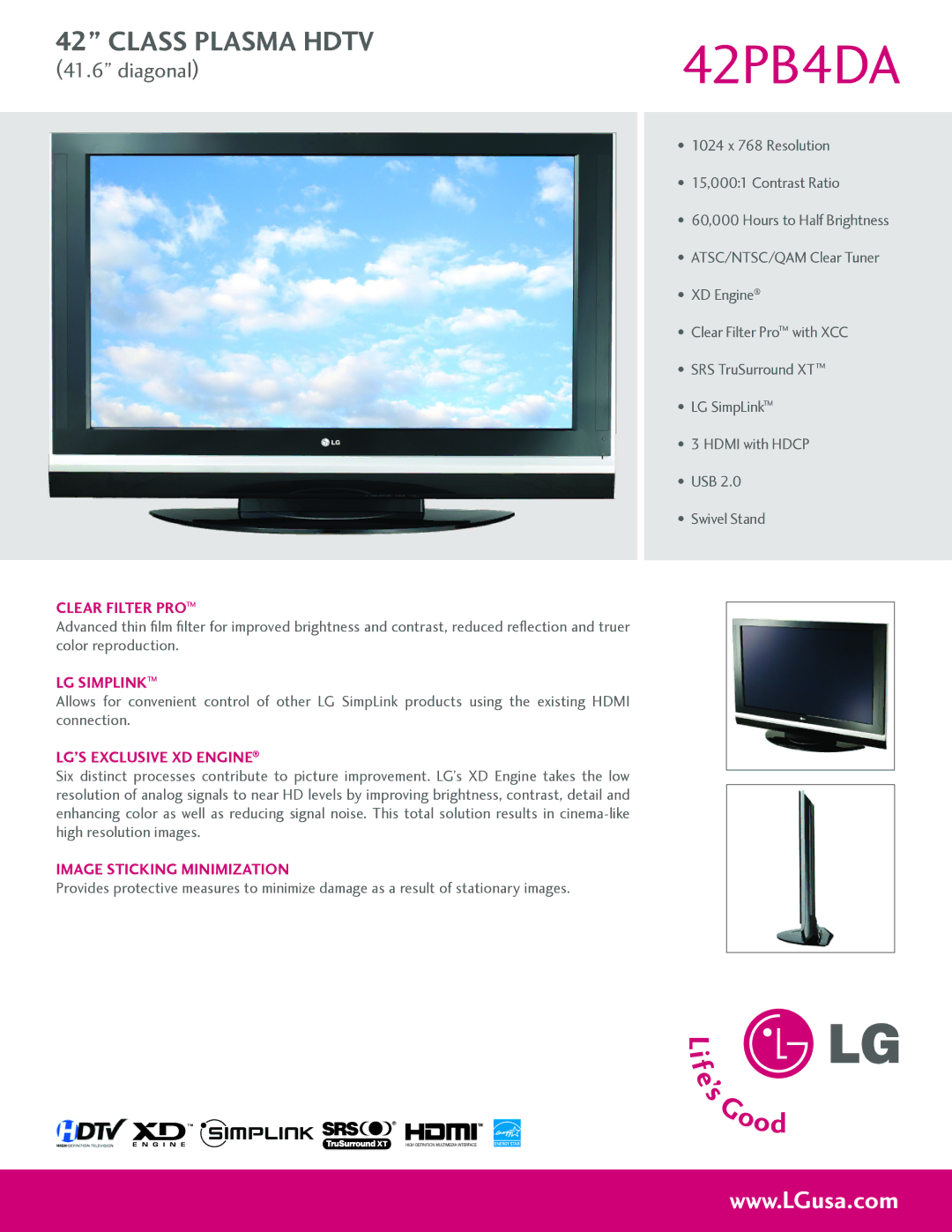 LG Electronics 42PB4DA manual Clear filter pro, LG’s Exclusive XD Engine 