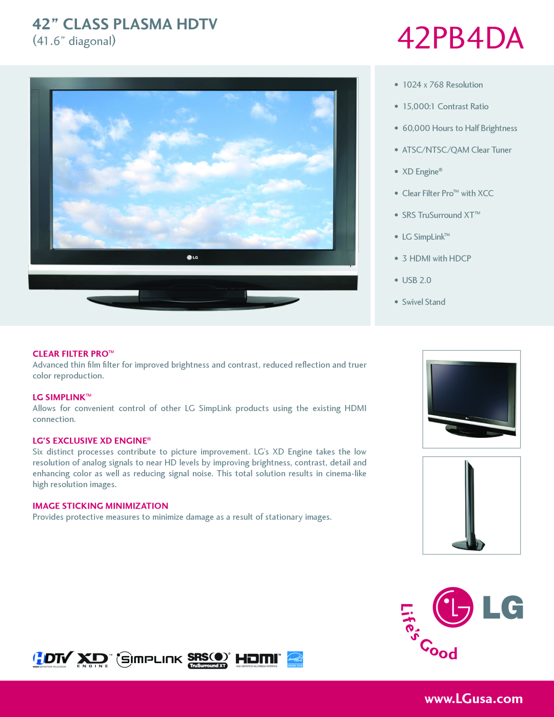 LG Electronics 42PB4DA manual 42” CLASS PLASMA HDTV, 41.6” diagonal, clear filter pro, Lg Simplink 