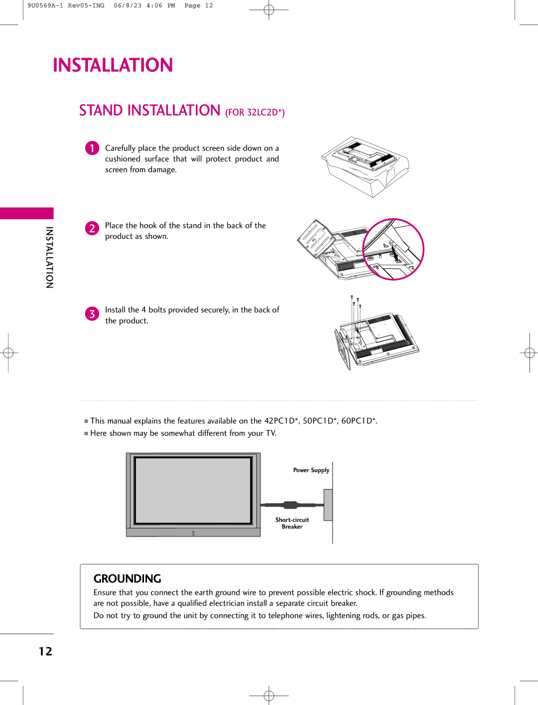 LG Electronics 50PC1D, 42PC1DV Stand Installation for 32LC2D, Place the hook of the stand in the back Product as shown 