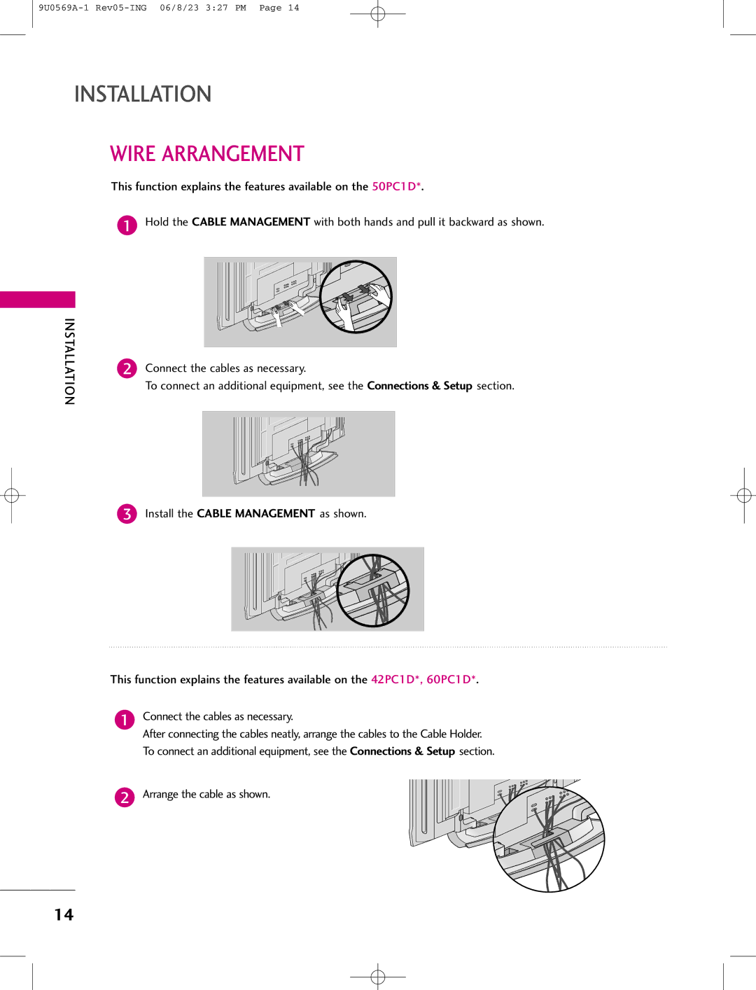 LG Electronics 42PC1DG, 42PC1DV, 50PC1D manual Wire Arrangement, Arrange the cable as shown 