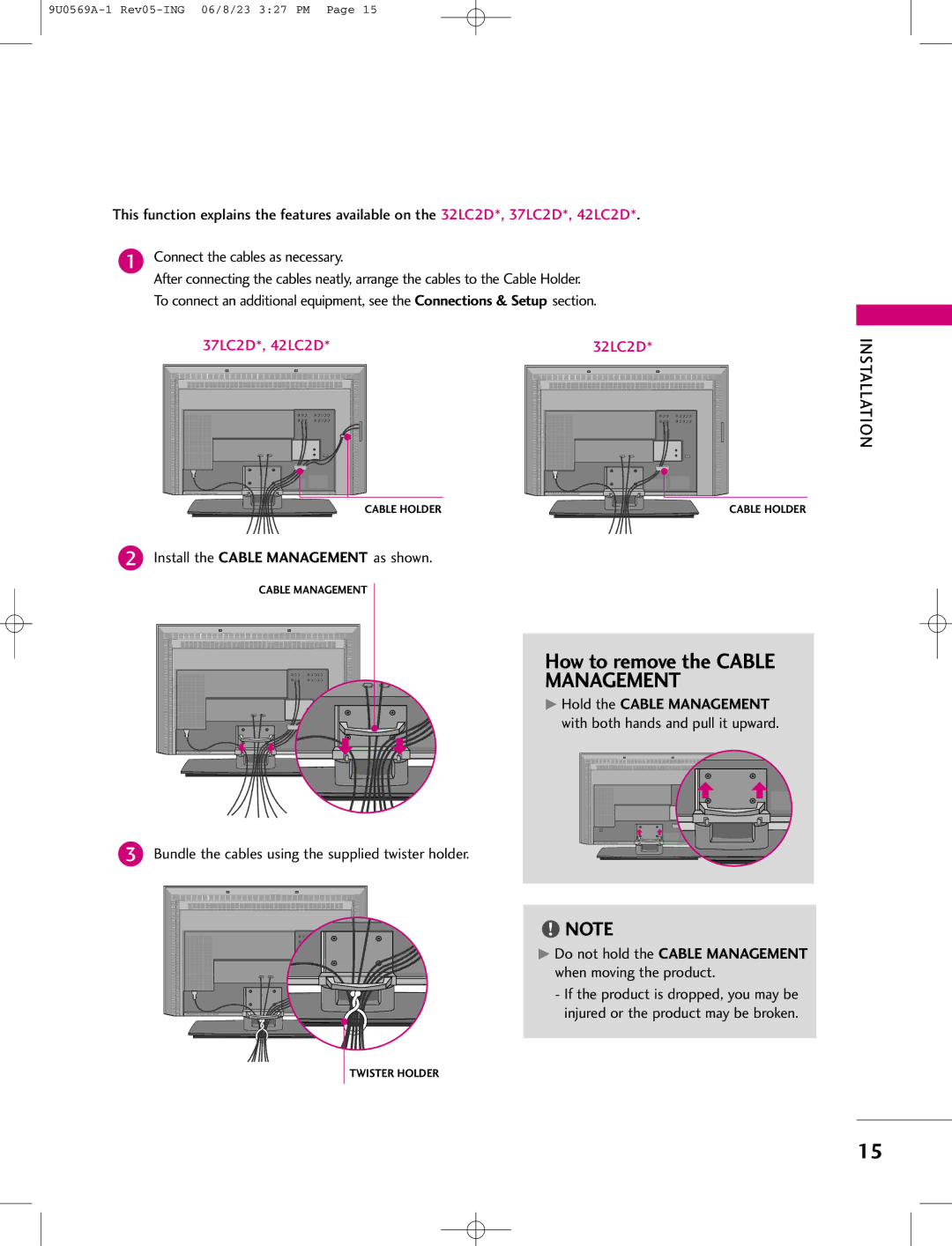 LG Electronics 50PC1D, 42PC1DV How to remove the Cable Management, Bundle the cables using the supplied twister holder 