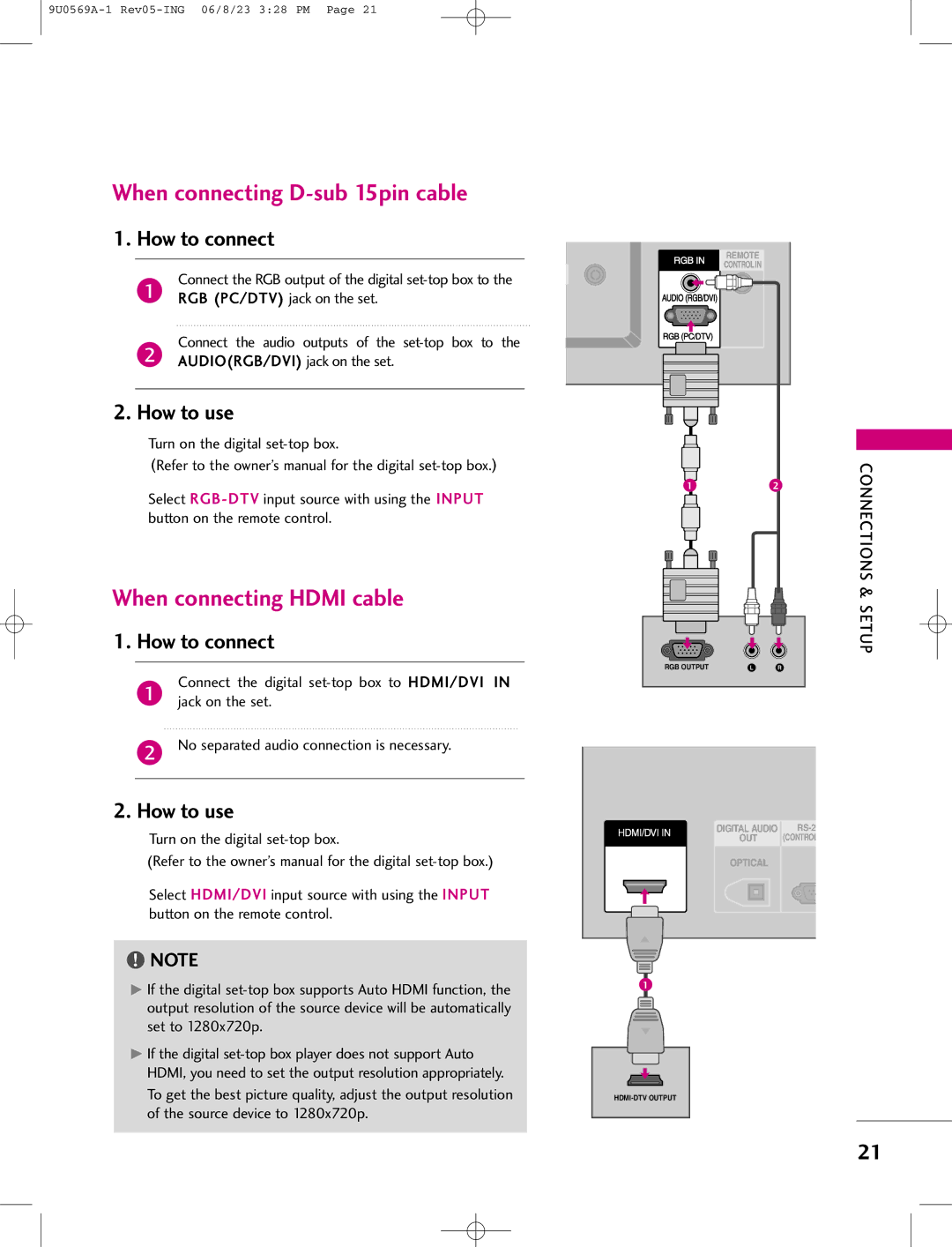 LG Electronics 50PC1D, 42PC1DV When connecting D-sub 15pin cable, When connecting Hdmi cable, AUDIORGB/DVI jack on the set 