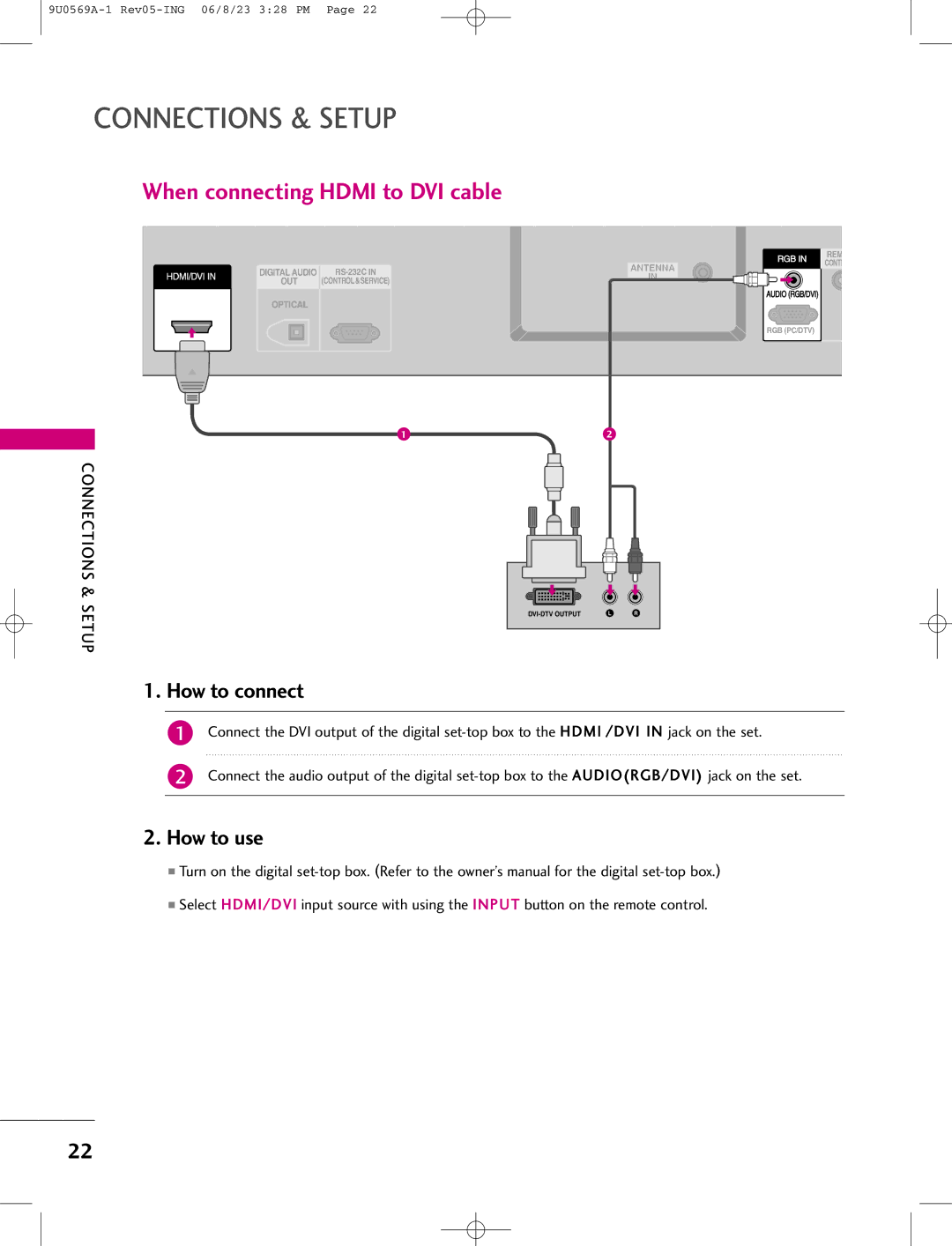 LG Electronics 42PC1DV, 42PC1DG, 50PC1D manual When connecting Hdmi to DVI cable, Connections & Setup 