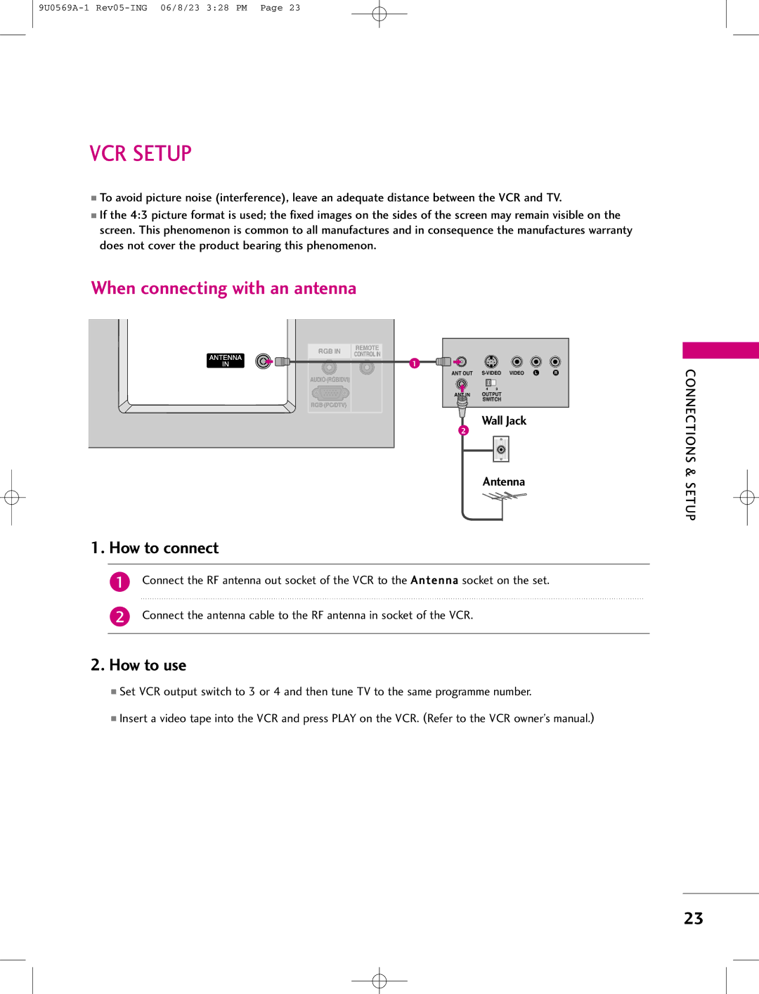 LG Electronics 42PC1DG, 42PC1DV, 50PC1D manual VCR Setup, When connecting with an antenna 