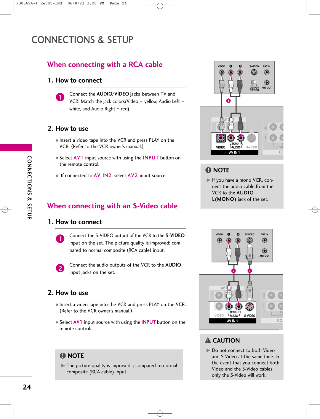 LG Electronics 50PC1D, 42PC1DV, 42PC1DG manual When connecting with a RCA cable, When connecting with an S-Video cable 