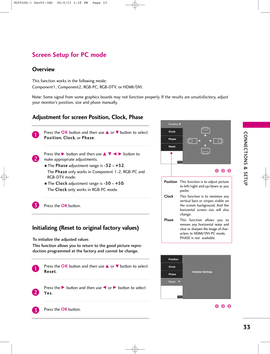 LG Electronics 50PC1D, 42PC1DV, 42PC1DG Screen Setup for PC mode, Overview, Initializing Reset to original factory values 