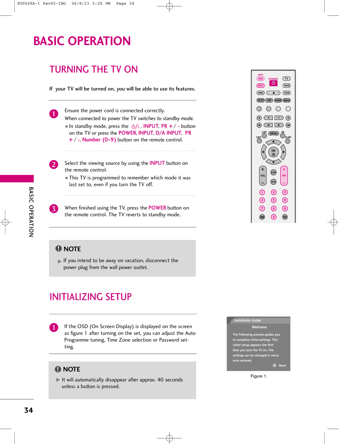 LG Electronics 42PC1DV, 42PC1DG, 50PC1D manual Turning the TV on, Initializing Setup, Basic 