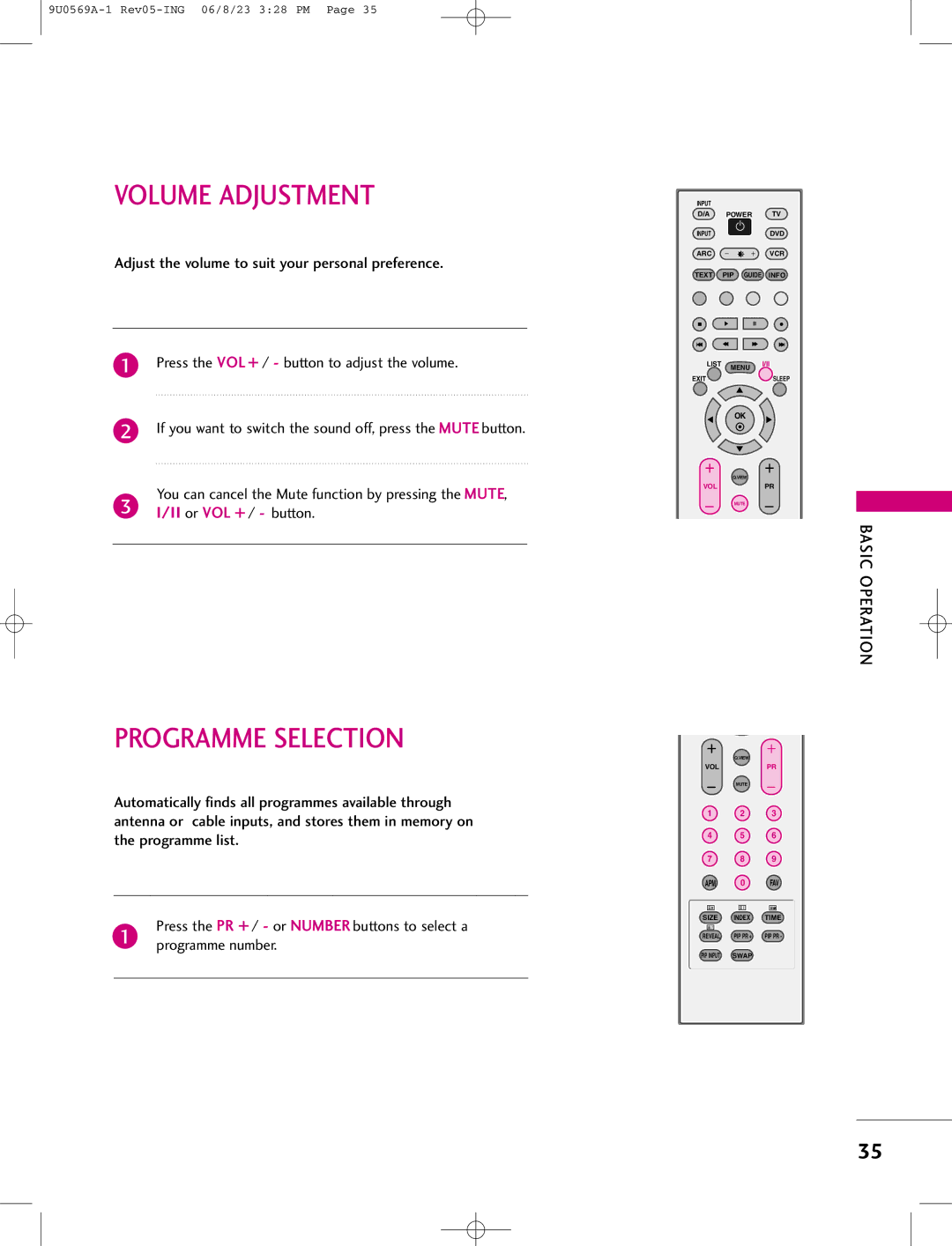 LG Electronics 42PC1DG, 42PC1DV, 50PC1D manual Volume Adjustment, Programme Selection, Basic Operation 