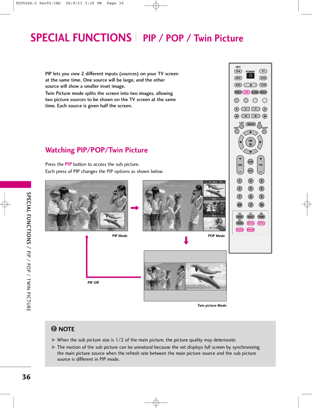 LG Electronics 50PC1D, 42PC1DV, 42PC1DG manual Special Functions, Watching PIP/POP/Twin Picture 