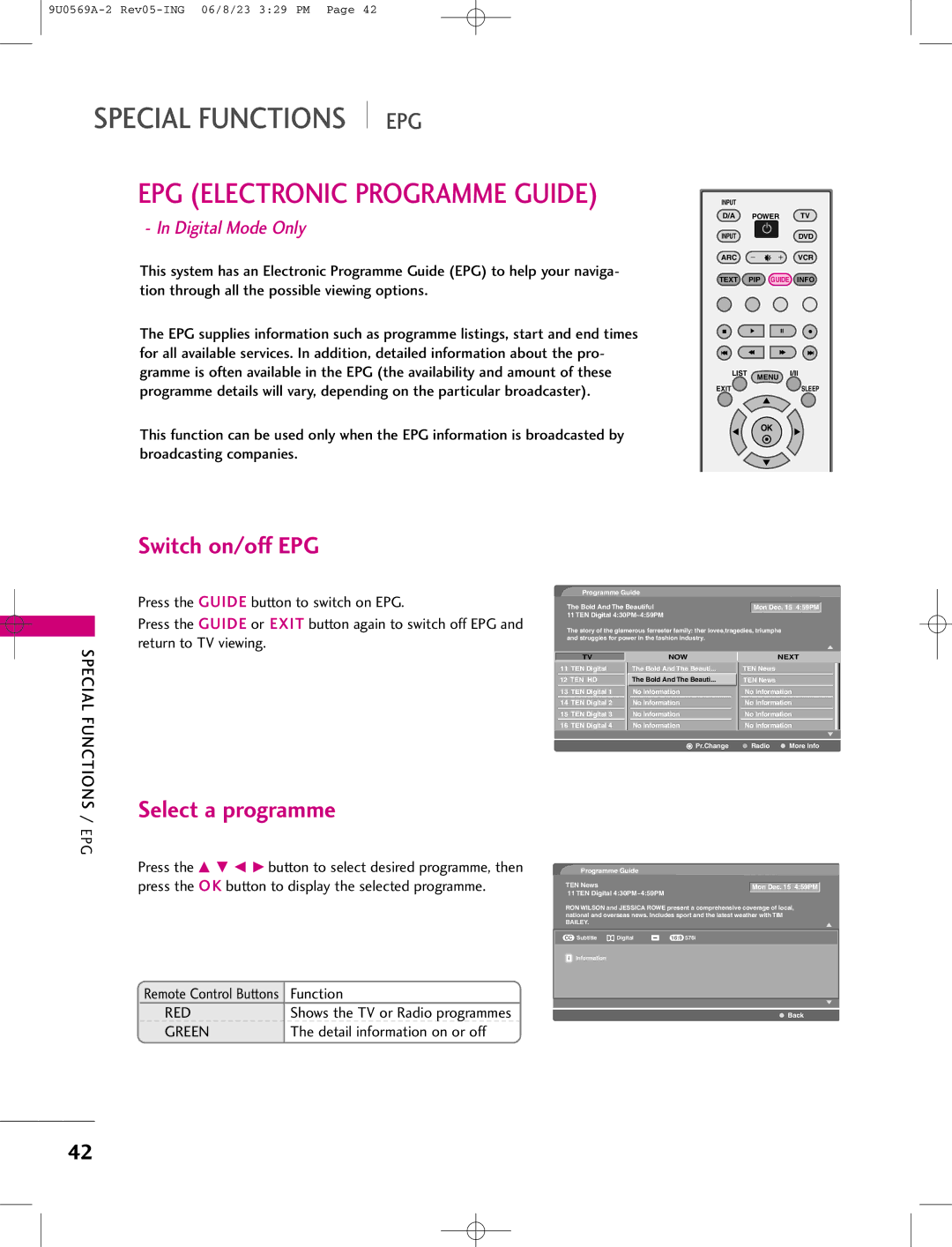 LG Electronics 50PC1D, 42PC1DV, 42PC1DG manual Switch on/off EPG, Select a programme, Red, Green 