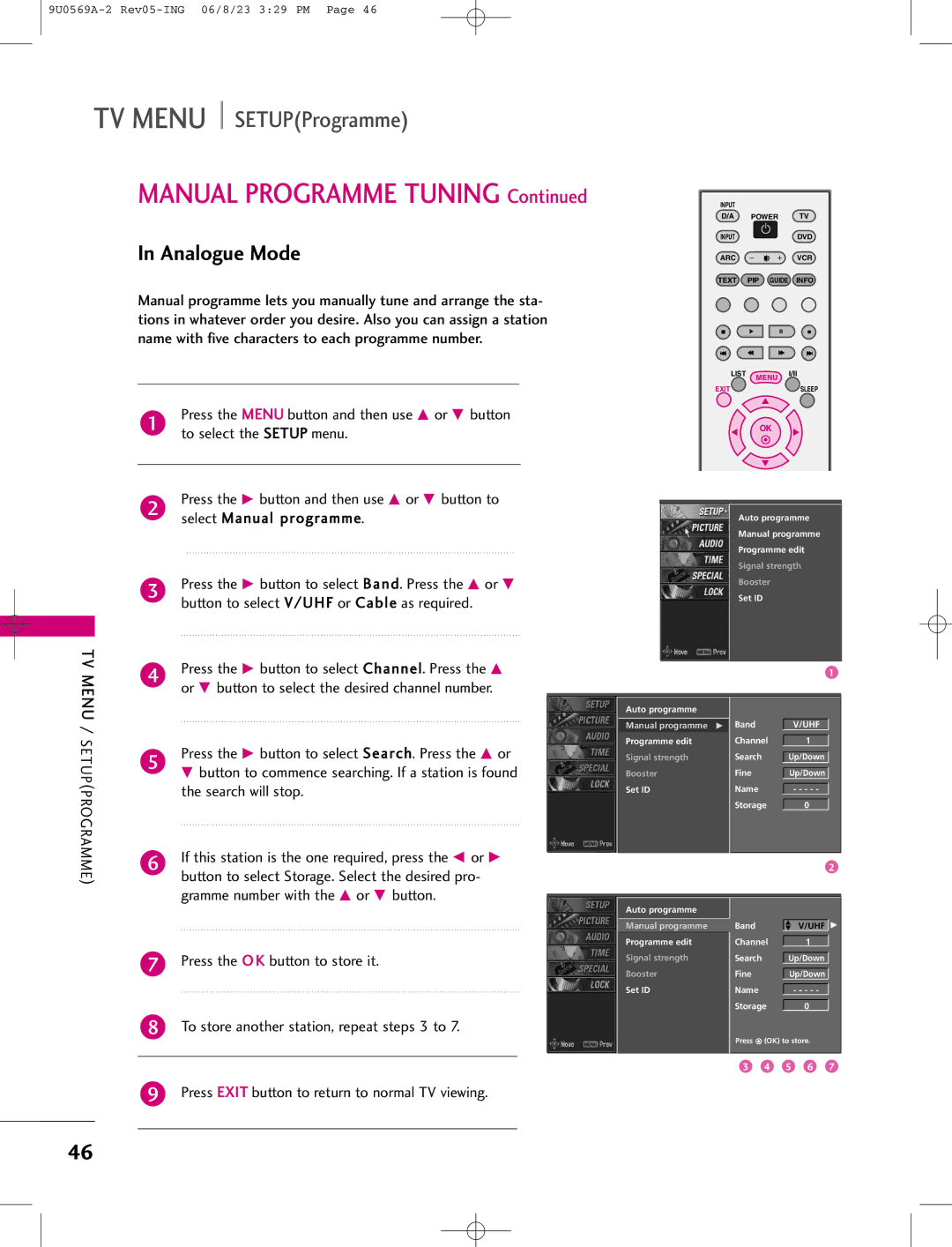 LG Electronics 42PC1DV, 42PC1DG, 50PC1D manual Manual Programme Tuning, Analogue Mode 