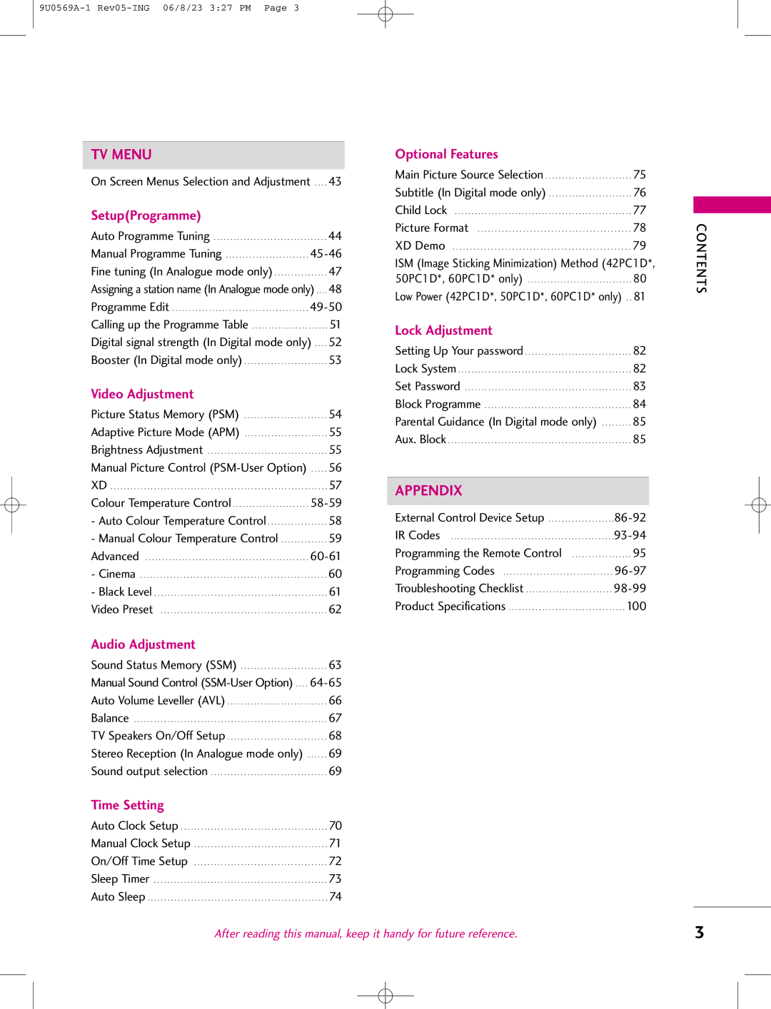 LG Electronics 50PC1D, 42PC1DV, 42PC1DG manual Contents 