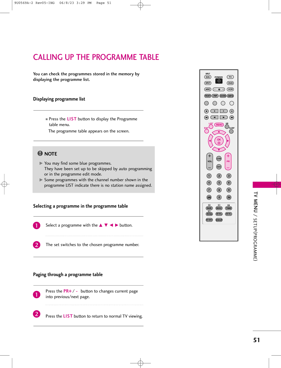 LG Electronics 50PC1D, 42PC1DV, 42PC1DG manual Calling UP the Programme Table 