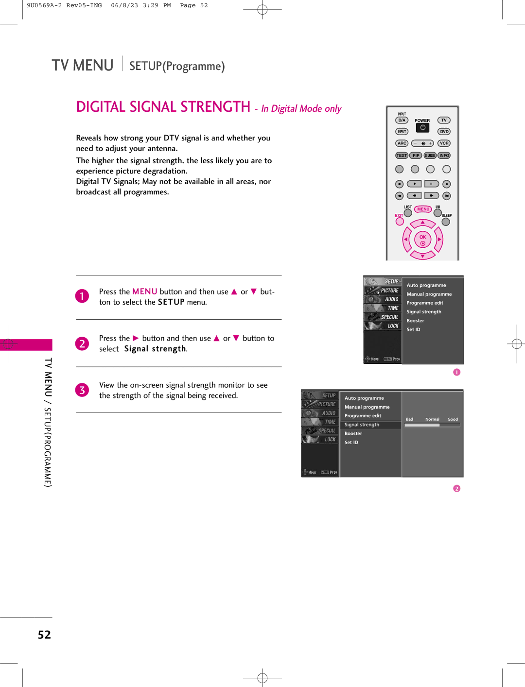 LG Electronics 42PC1DV, 42PC1DG, 50PC1D manual Digital Signal Strength In Digital Mode only 