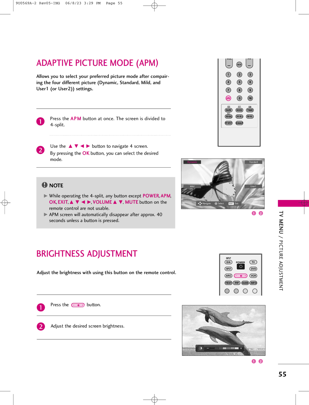 LG Electronics 42PC1DV, 42PC1DG, 50PC1D manual Brightness Adjustment, Press the button Adjust the desired screen brightness 