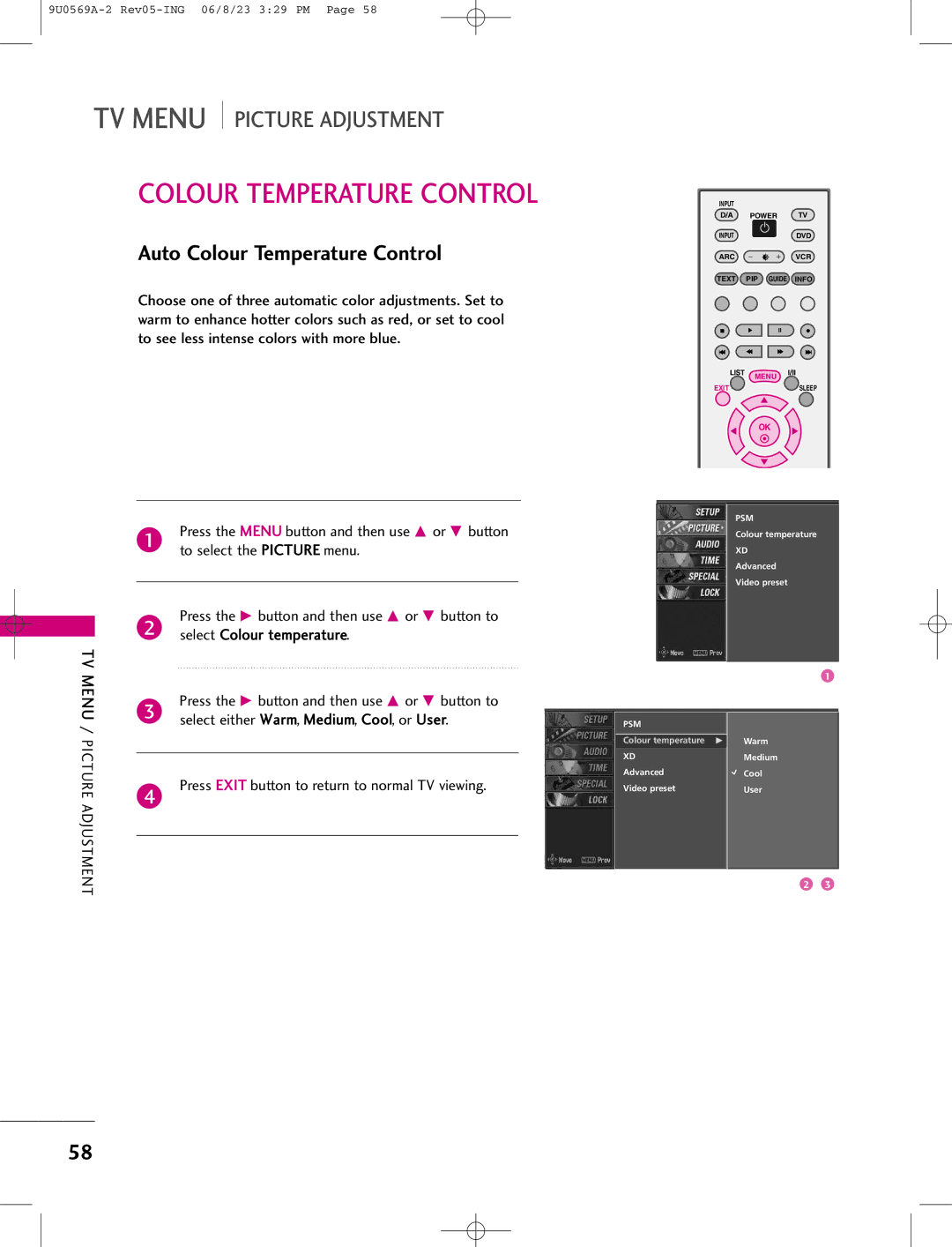 LG Electronics 42PC1DV, 42PC1DG, 50PC1D manual Auto Colour Temperature Control, Select either Warm, Medium, Cool, or User 