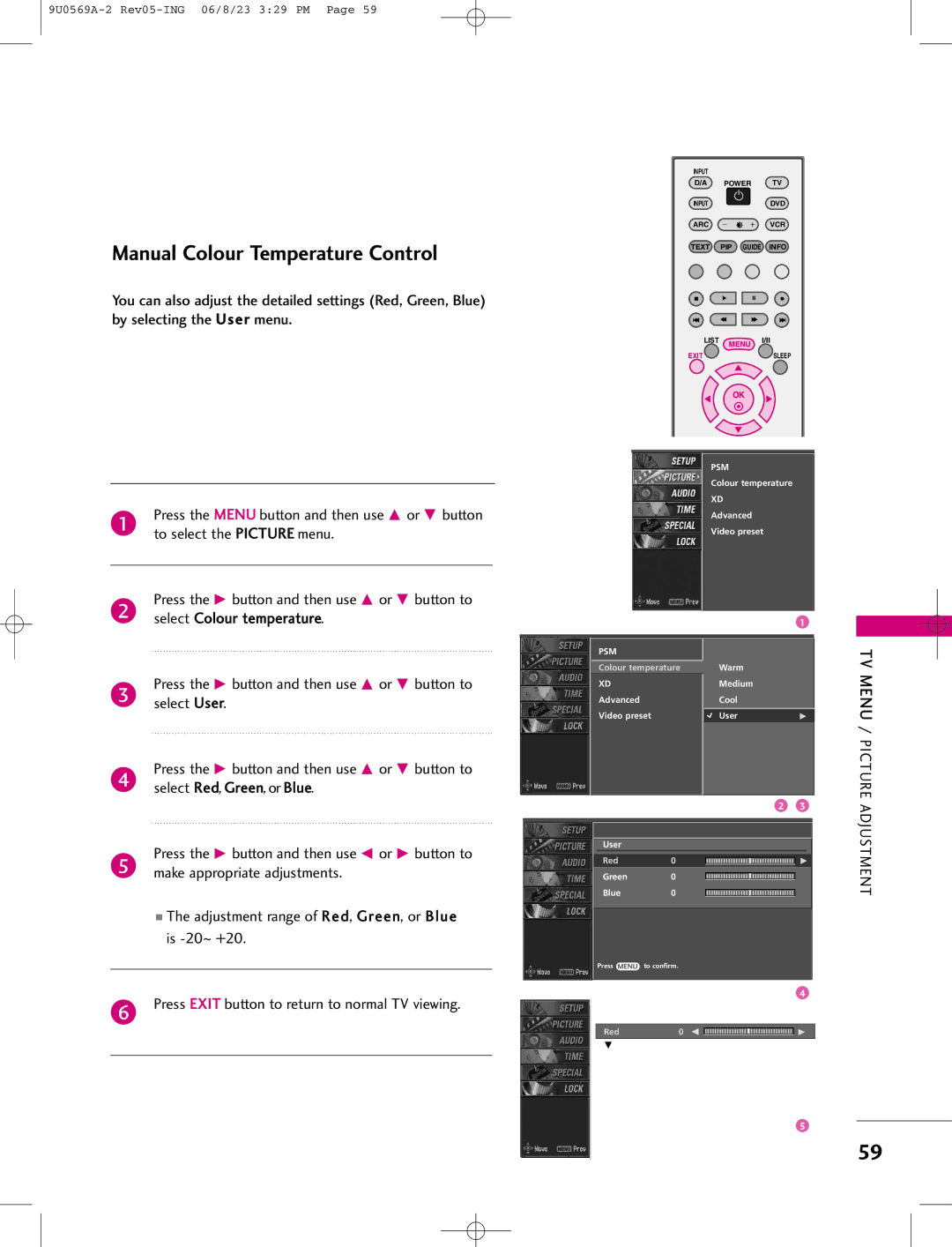 LG Electronics 42PC1DG, 42PC1DV, 50PC1D manual Manual Colour Temperature Control, Select User, Select Red, Green, or Blue 