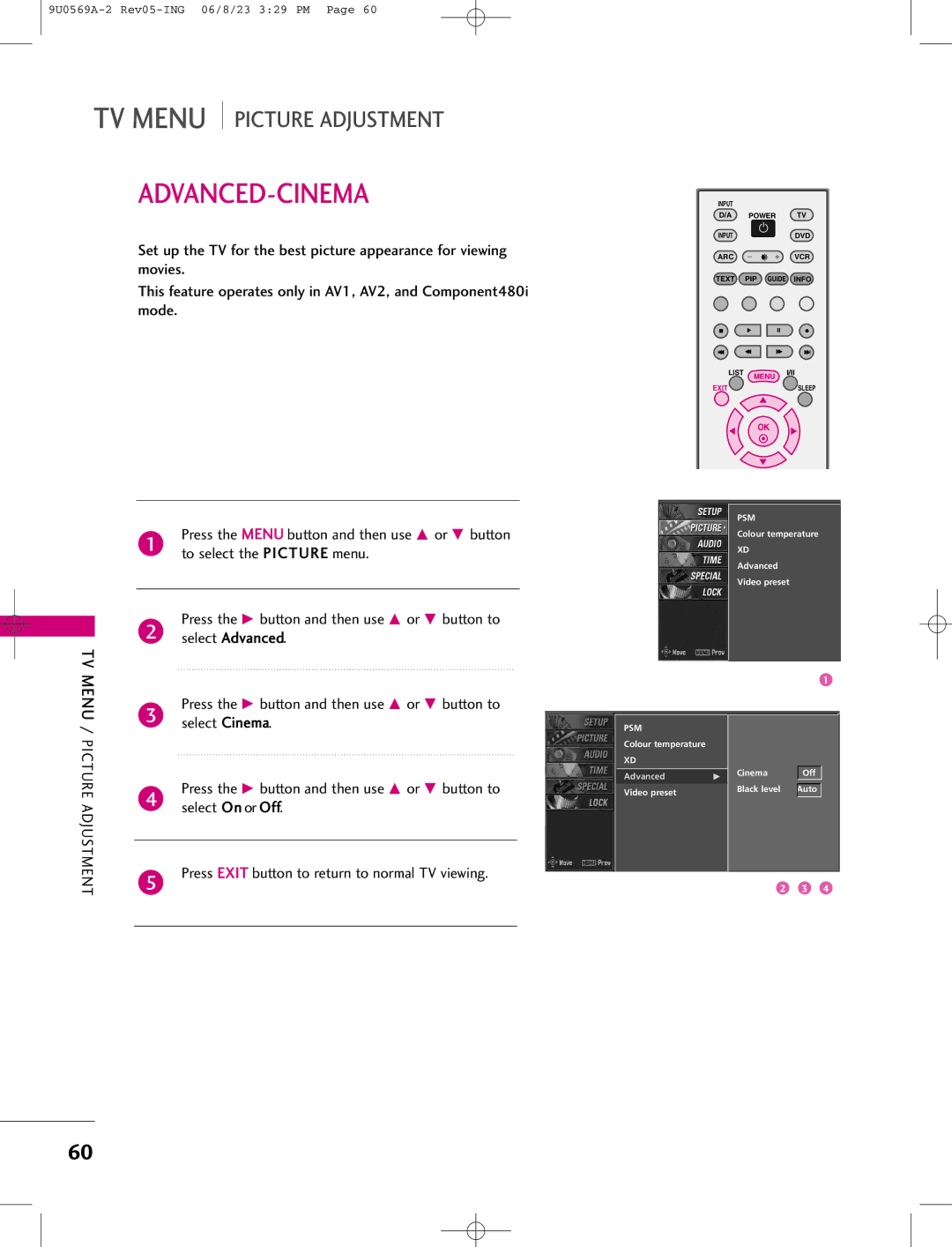 LG Electronics 50PC1D, 42PC1DV, 42PC1DG manual Advanced-Cinema, Select On or Off 