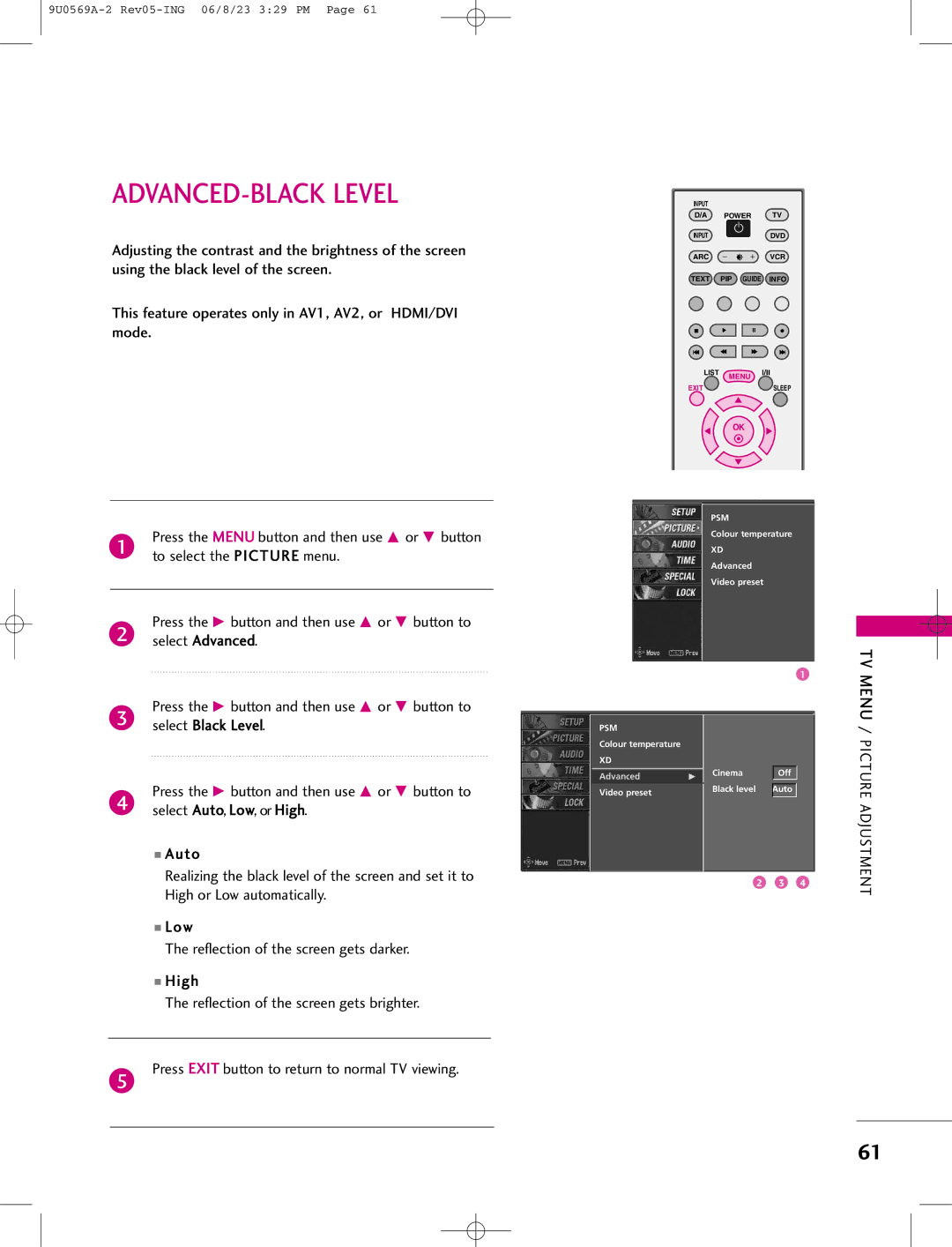 LG Electronics 42PC1DV, 42PC1DG, 50PC1D manual ADVANCED-BLACK Level 