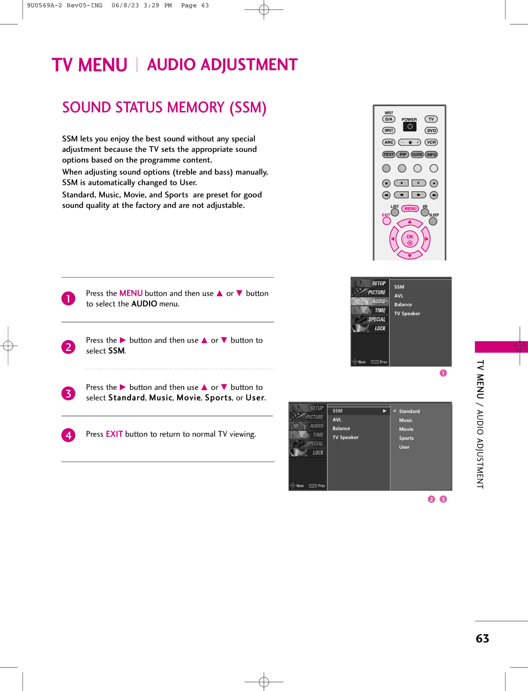 LG Electronics 50PC1D, 42PC1DV, 42PC1DG manual Sound Status Memory SSM, To select the Audio menu, Select SSM 