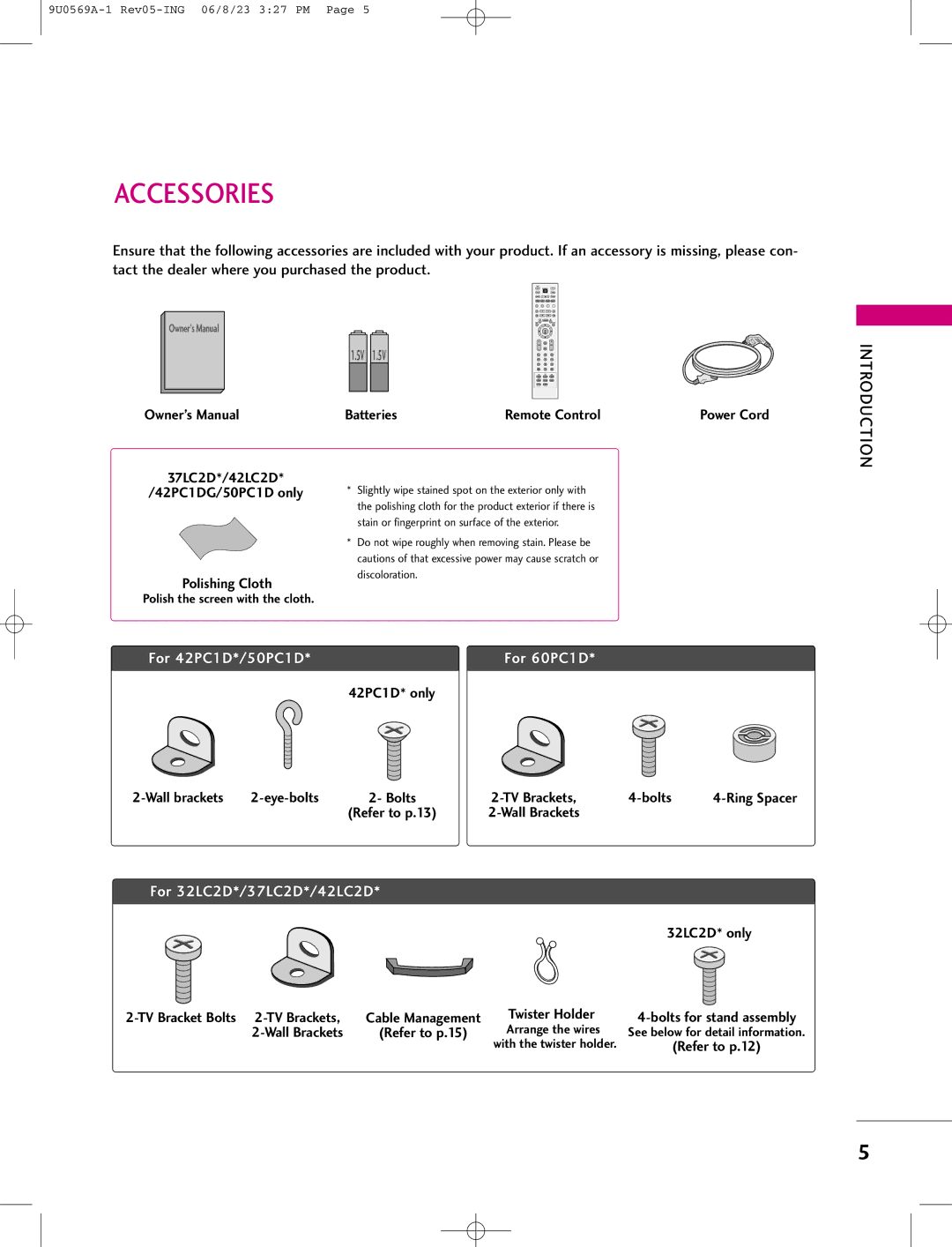 LG Electronics 42PC1DG, 42PC1DV, 50PC1D manual Accessories, Introduction 