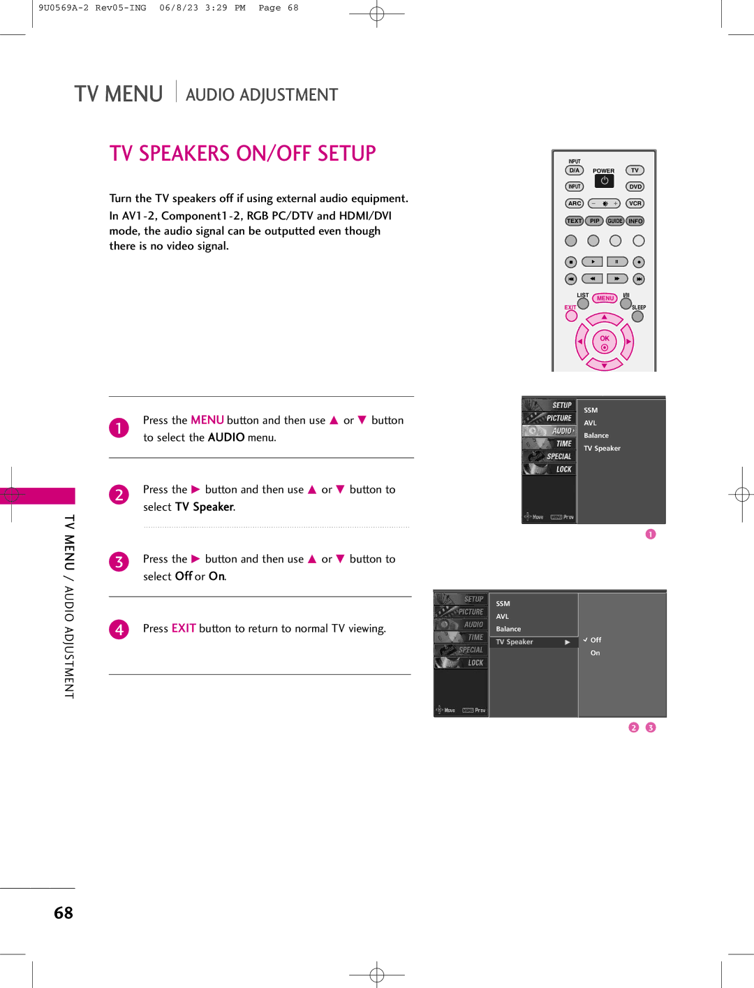 LG Electronics 42PC1DG, 42PC1DV, 50PC1D manual TV Speakers ON/OFF Setup, Audio Adjustment 