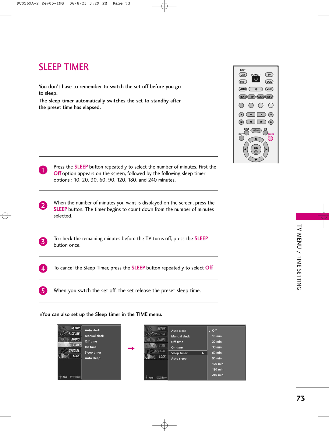 LG Electronics 42PC1DV, 42PC1DG, 50PC1D manual Sleep Timer, You can also set up the Sleep timer in the Time menu 