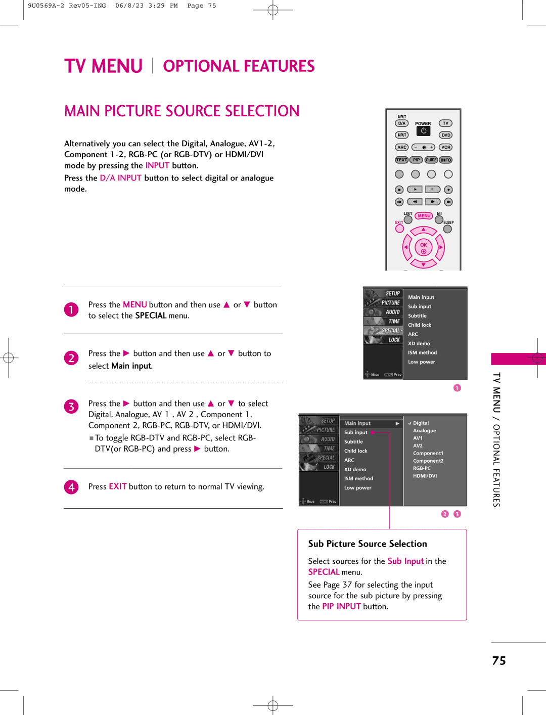 LG Electronics 50PC1D, 42PC1DV, 42PC1DG manual Main Picture Source Selection, To select the Special menu 