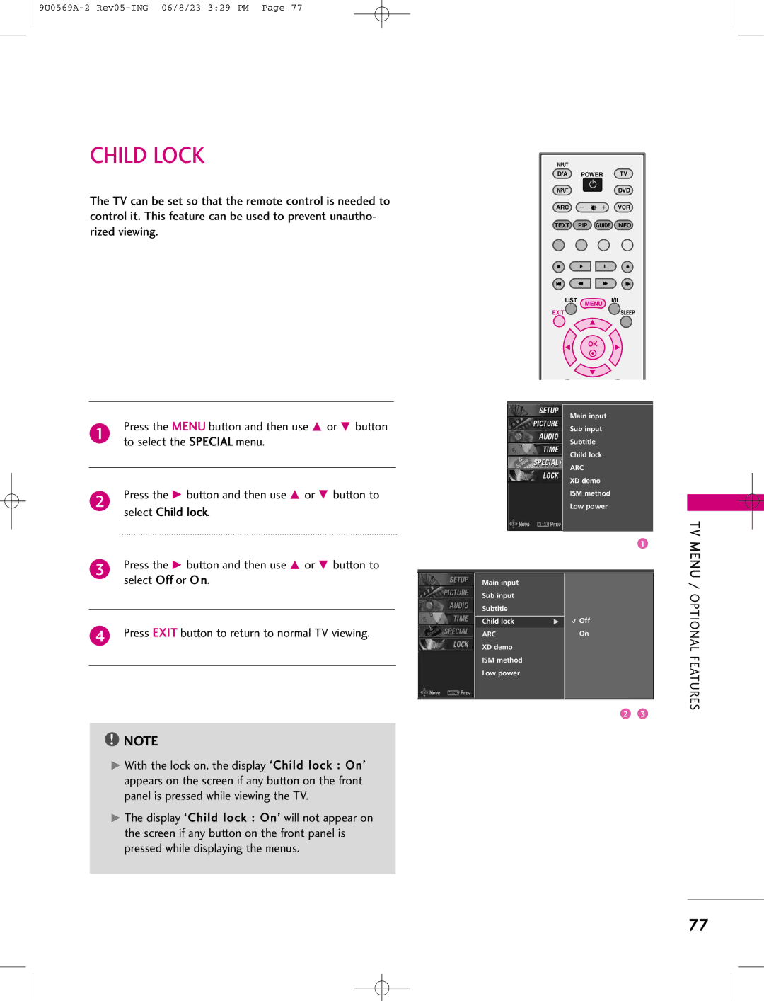 LG Electronics 42PC1DG, 42PC1DV, 50PC1D manual Child Lock 