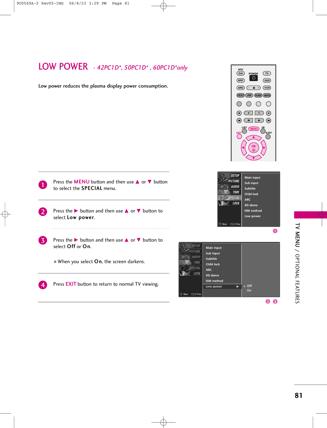 LG Electronics manual LOW Power 42PC1D*, 50PC1D* , 60PC1D*only, Low power reduces the plasma display power consumption 