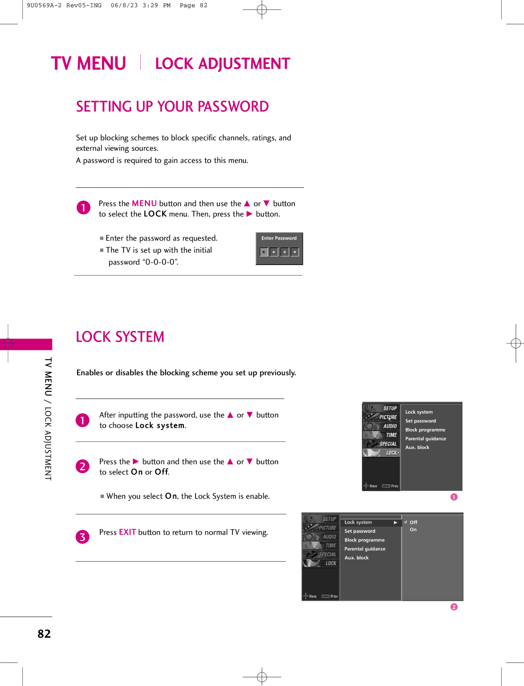 LG Electronics 42PC1DV, 42PC1DG, 50PC1D manual Setting UP Your Password, Lock System 