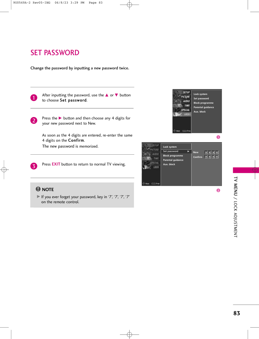 LG Electronics 42PC1DG, 50PC1D SET Password, Change the password by inputting a new password twice, To choose Set password 