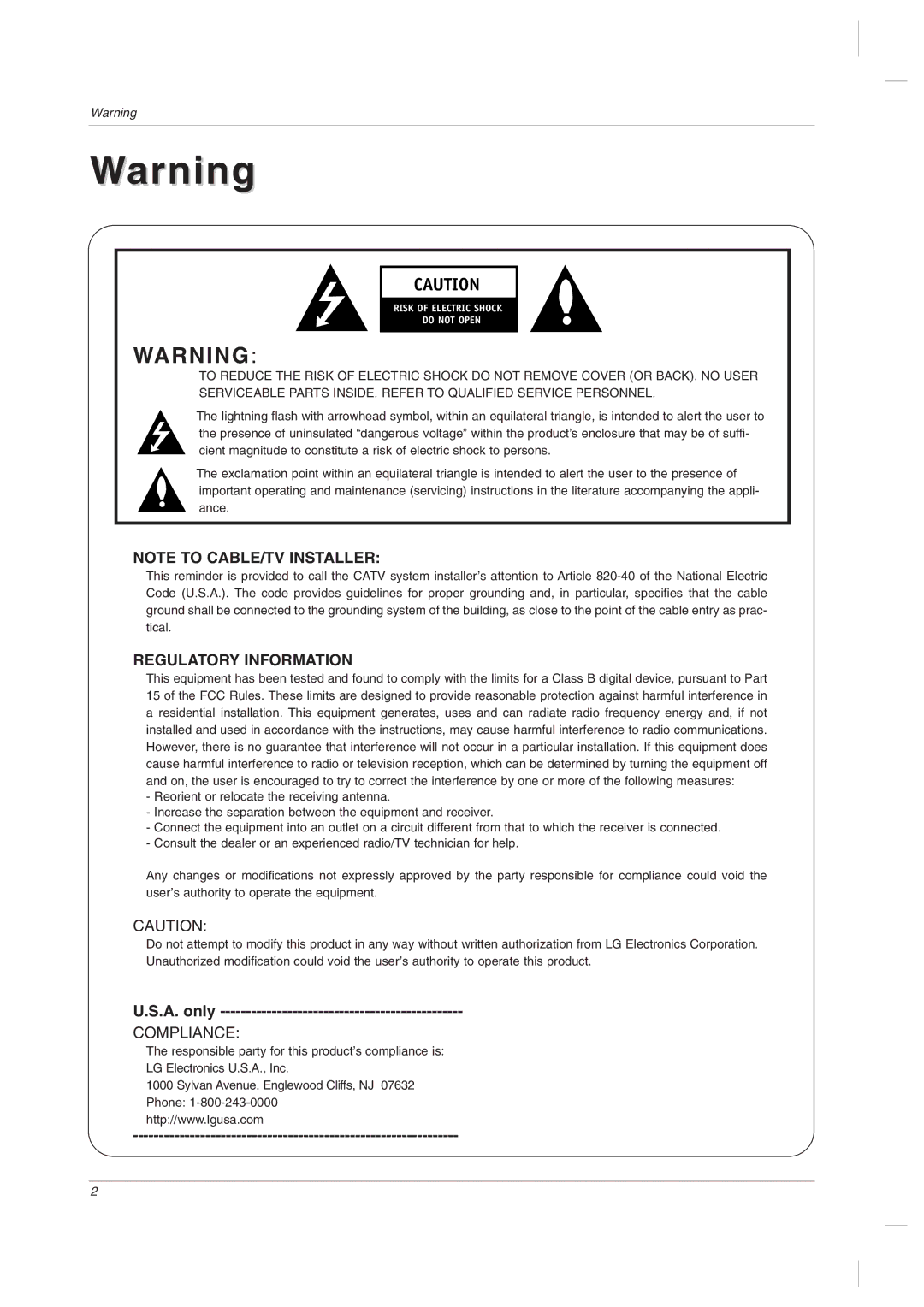 LG Electronics 42PC3DVA, 42LC2D, 32LC2DC, 42PC3DH, 42PC1DVH, 50PC3DH, 50PC3DX owner manual Regulatory Information, A. only 