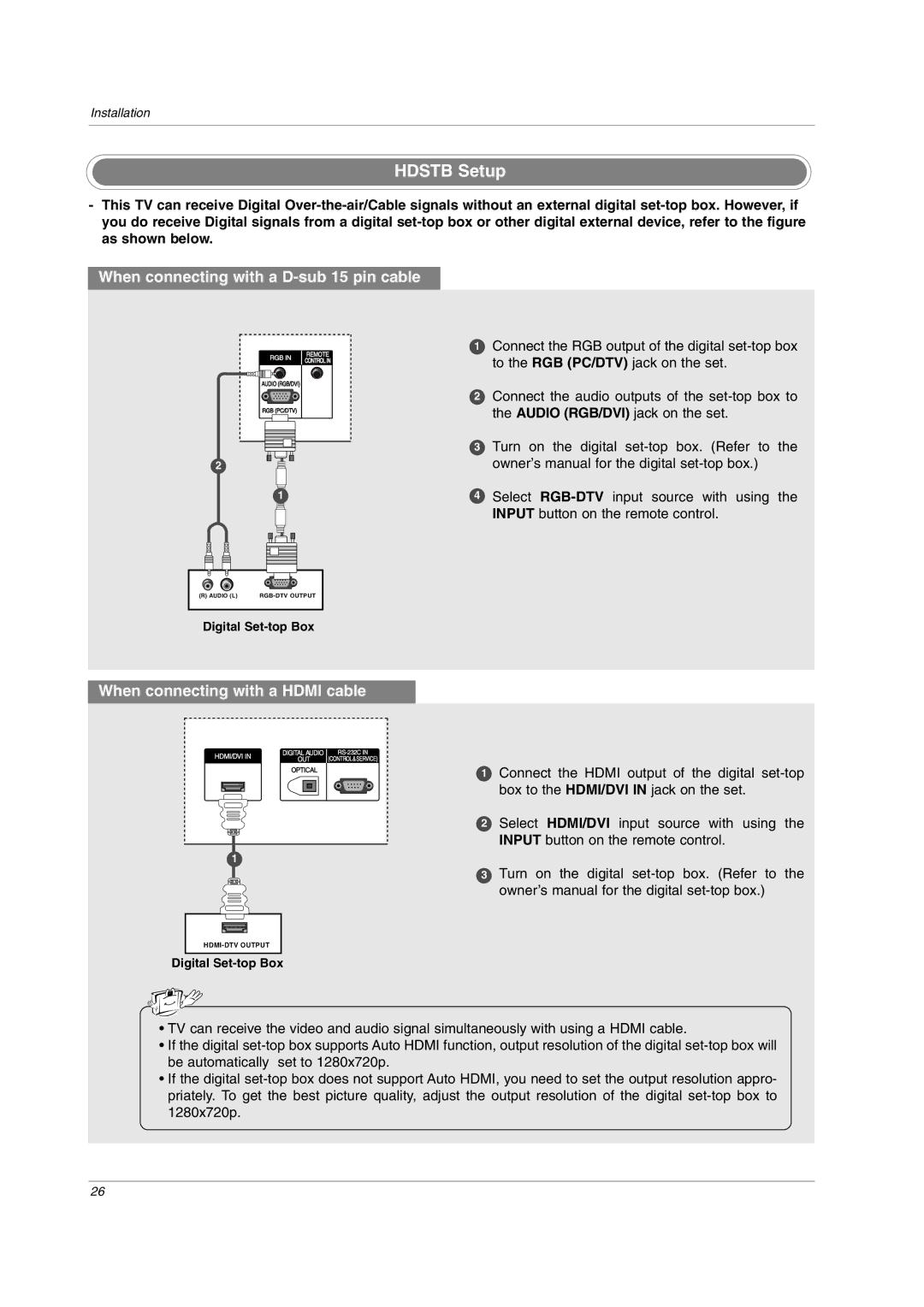 LG Electronics 42PC1DVH, 42PC3DVA, 42LC2D, 32LC2DC, 42PC3DH, 50PC3DH Hdstb Setup, When connecting with a D-sub 15 pin cable 