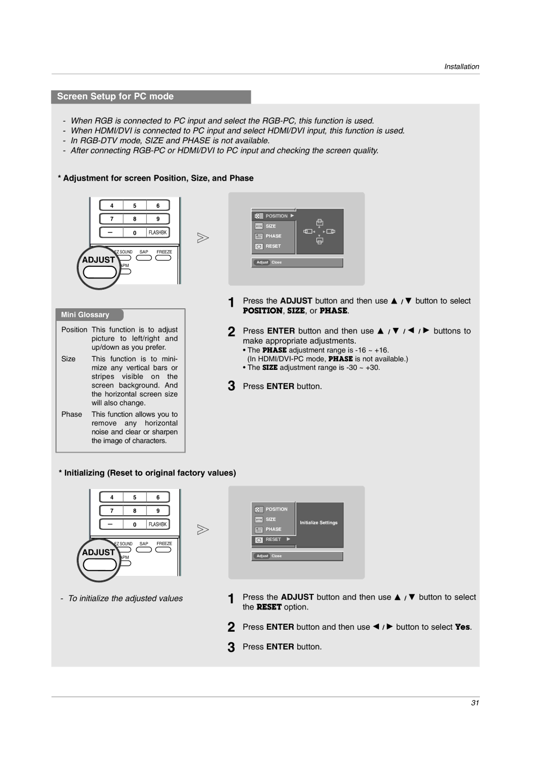 LG Electronics 42LC2D, 42PC3DVA, 32LC2DC Screen Setup for PC mode, Adjustment for screen Position, Size, and Phase 