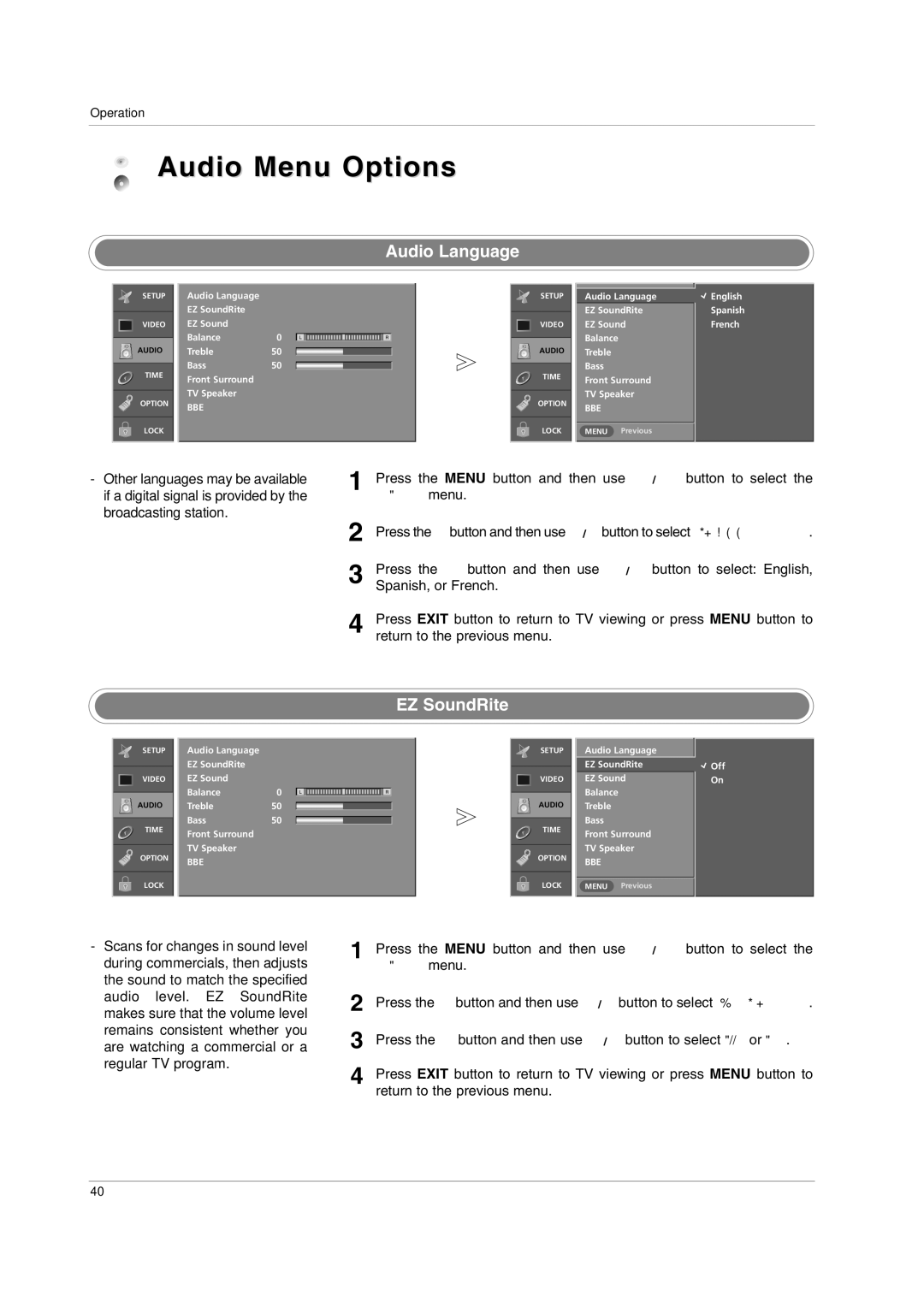 LG Electronics 42PC3DVA, 42LC2D, 32LC2DC, 42PC3DH Audio Menu Options, Audio Language, EZ SoundRite, Spanish, or French 