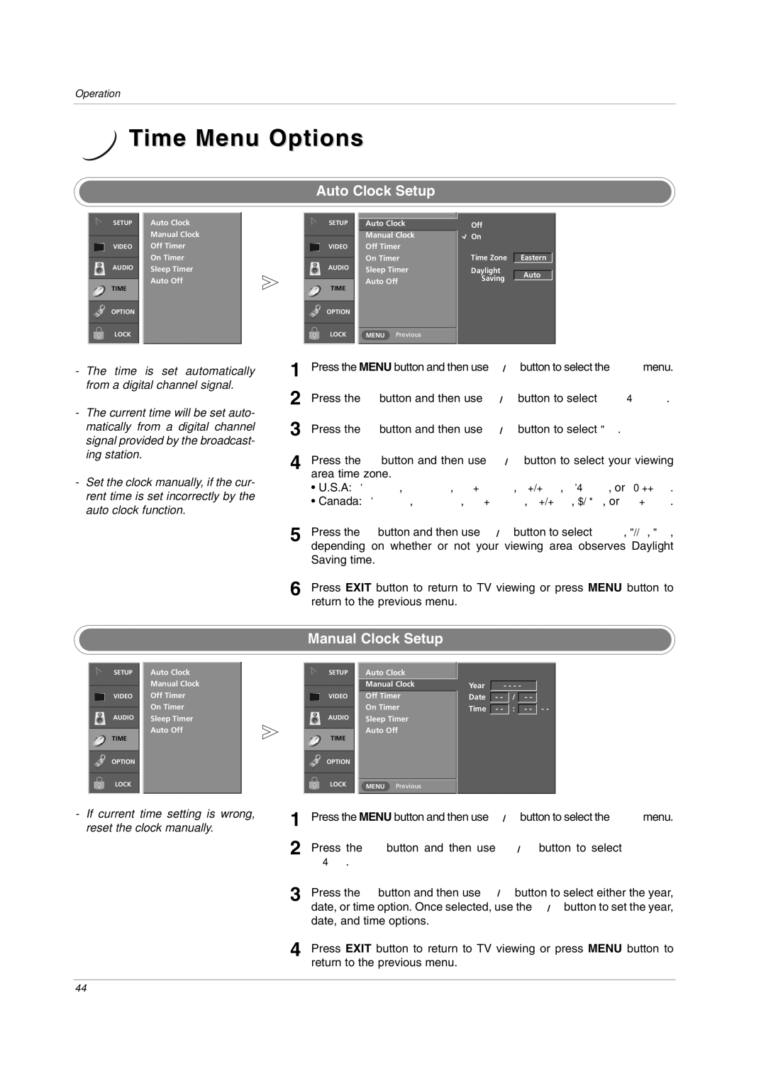 LG Electronics 42PC3DH Time Menu Options, Auto Clock Setup, Press the G button and then use D / E button to select On 