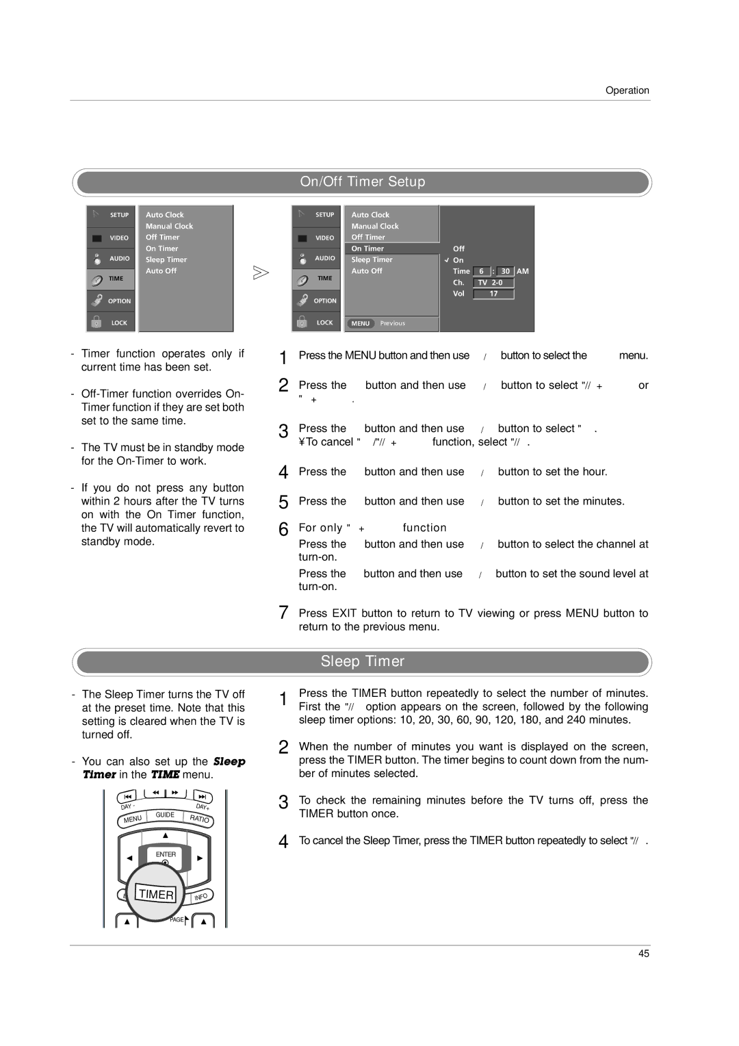 LG Electronics 42PC3DVA, 42LC2D Sleep Timer, On/Off Timer Setup, To cancel On/Off Timer function, select Off, Turn-on 