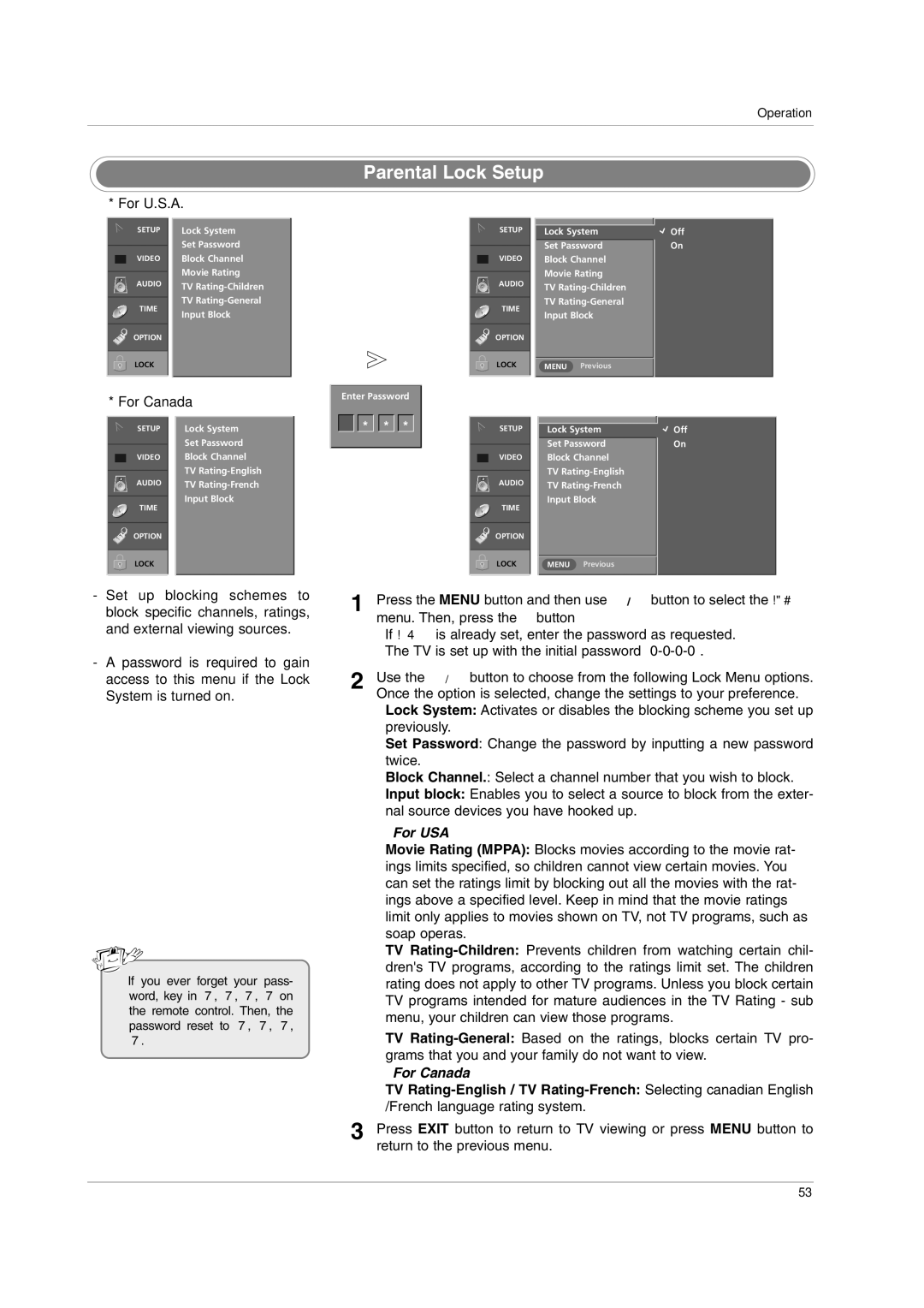 LG Electronics 32LC2DC, 42PC3DVA, 42LC2D, 42PC3DH, 42PC1DVH, 50PC3DH, 50PC3DX owner manual Parental Lock Setup, For Canada 