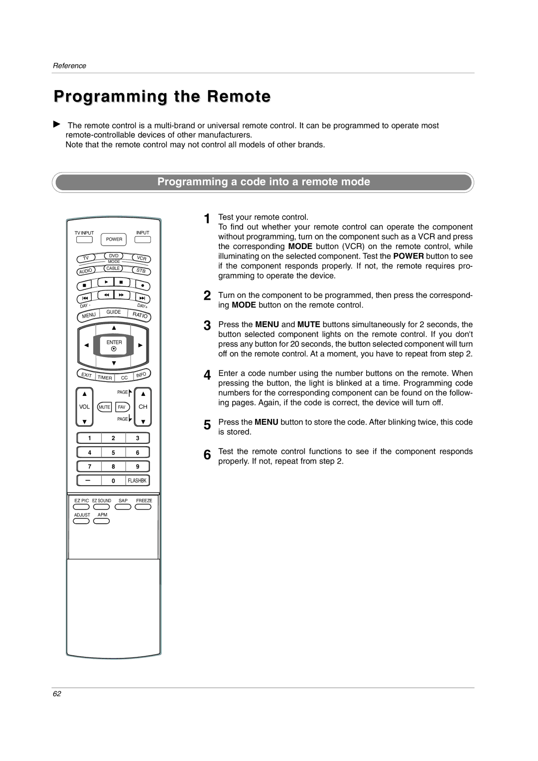 LG Electronics 42PC3DVA, 42LC2D, 32LC2DC, 42PC3DH, 42PC1DVH Programming the Remote, Programming a code into a remote mode 