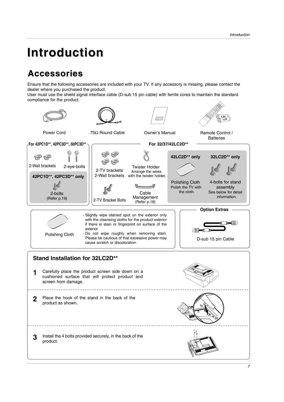 LG Electronics 50PC3DH Accessories, For 32/37/42LC2D 42LC2D** only 32LC2D** only, 42PC1D**, 42PC3D** only, Option Extras 