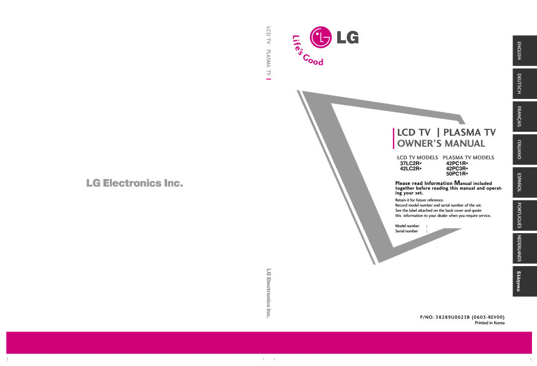 LG Electronics 37LC2R, 42PC3R, 42LC2R, 50PC1R owner manual LCD TV Models Plasma TV Models, No 38289U0025B 0603-REV00 