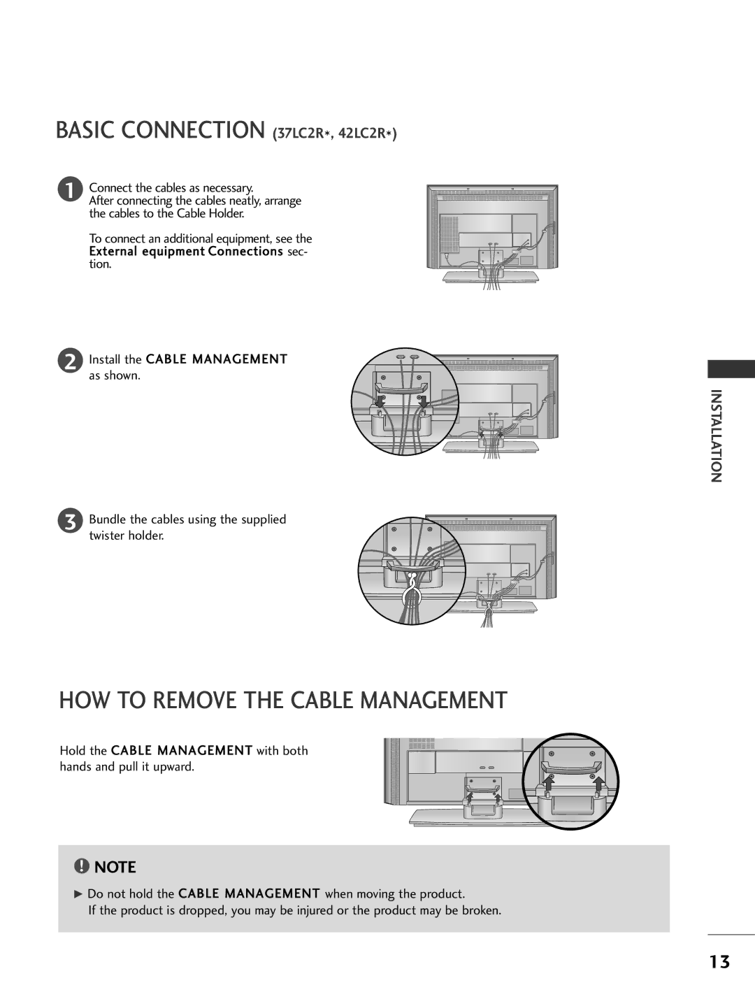 LG Electronics 50PC1R, 42PC3R owner manual Basic Connection 37LC2R*, 42LC2R, HOW to Remove the Cable Management 