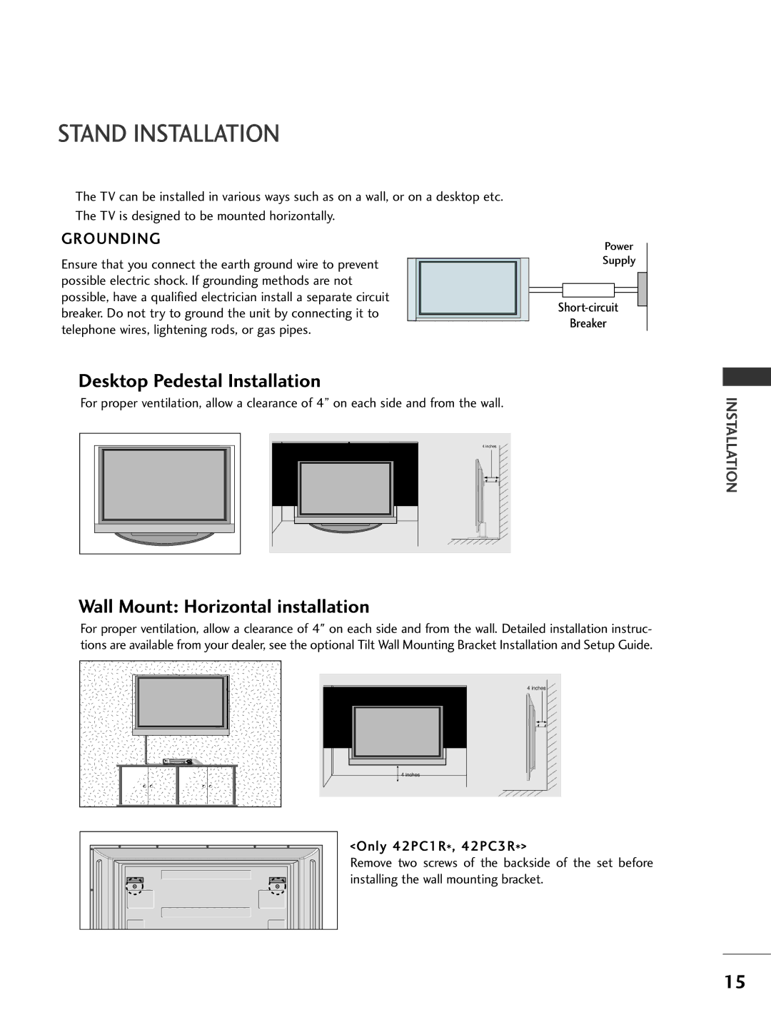 LG Electronics 37LC2R, 42PC3R, 42LC2R, 50PC1R owner manual Stand Installation, Short-circuit Breaker 