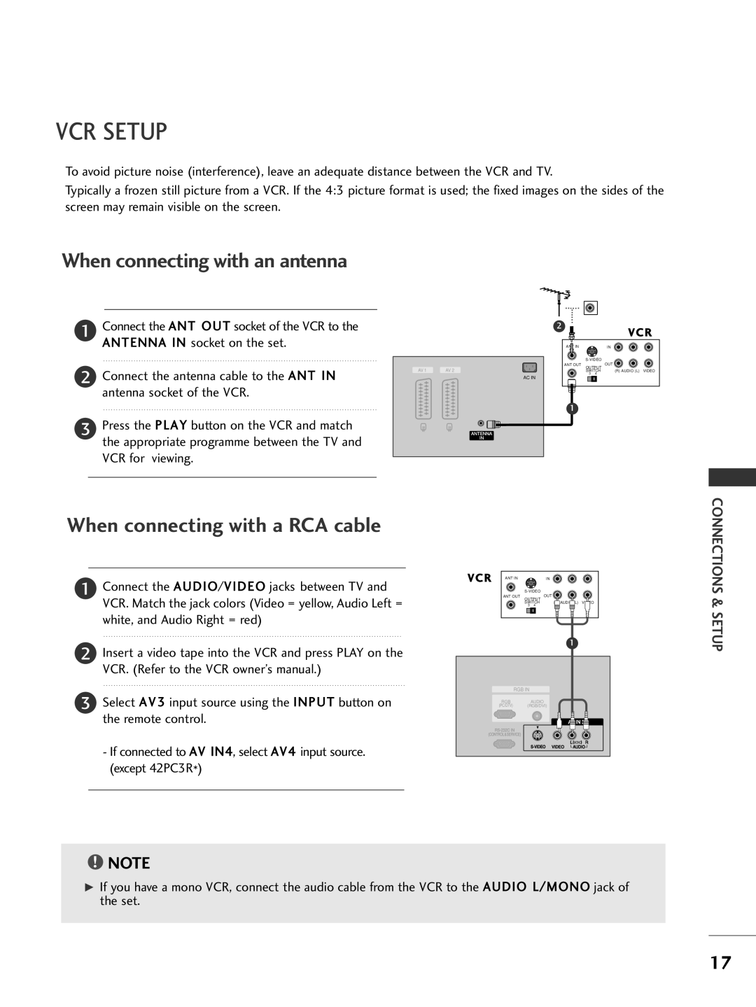 LG Electronics 50PC1R, 42PC3R, 37LC2R, 42LC2R VCR Setup, When connecting with an antenna, When connecting with a RCA cable 