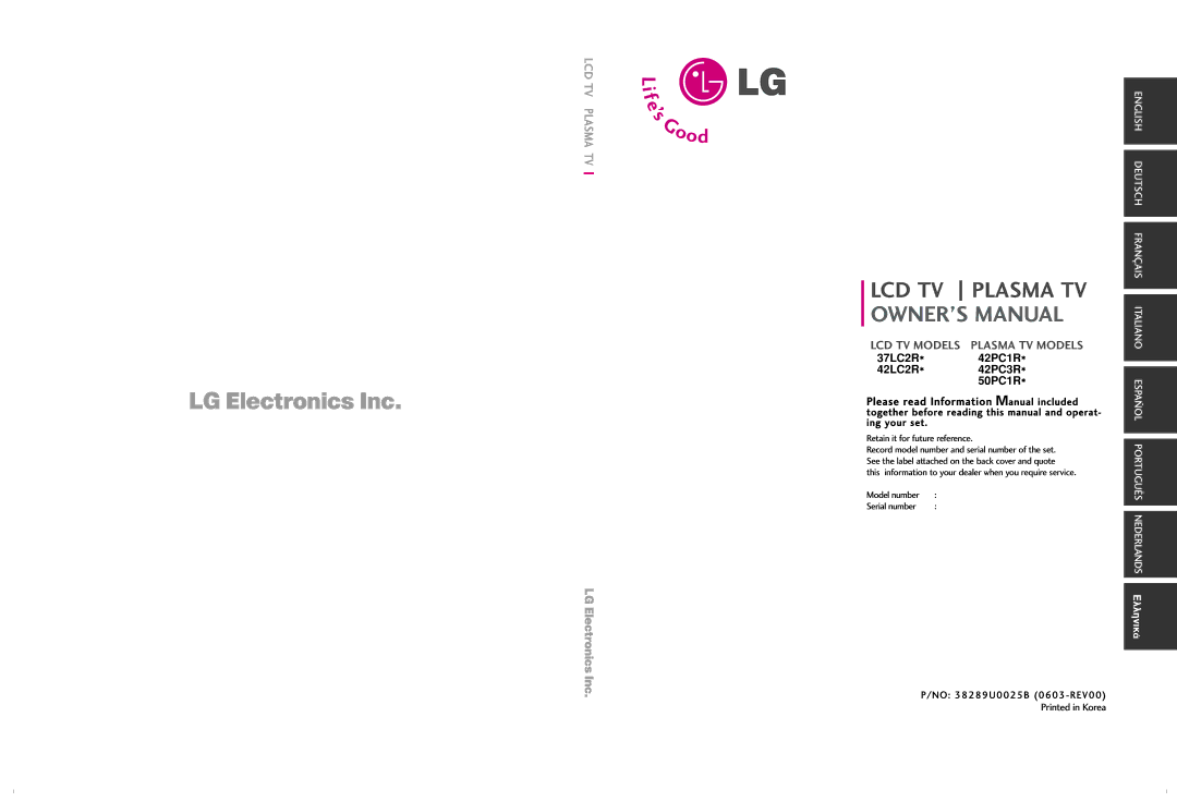 LG Electronics 42LC2R, 42PC3R, 37LC2R, 50PC1R owner manual 