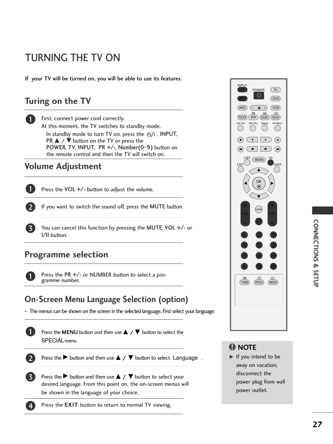 LG Electronics 37LC2R, 42PC3R, 42LC2R, 50PC1R Turning the TV on, Turing on the TV, Volume Adjustment, Programme selection 