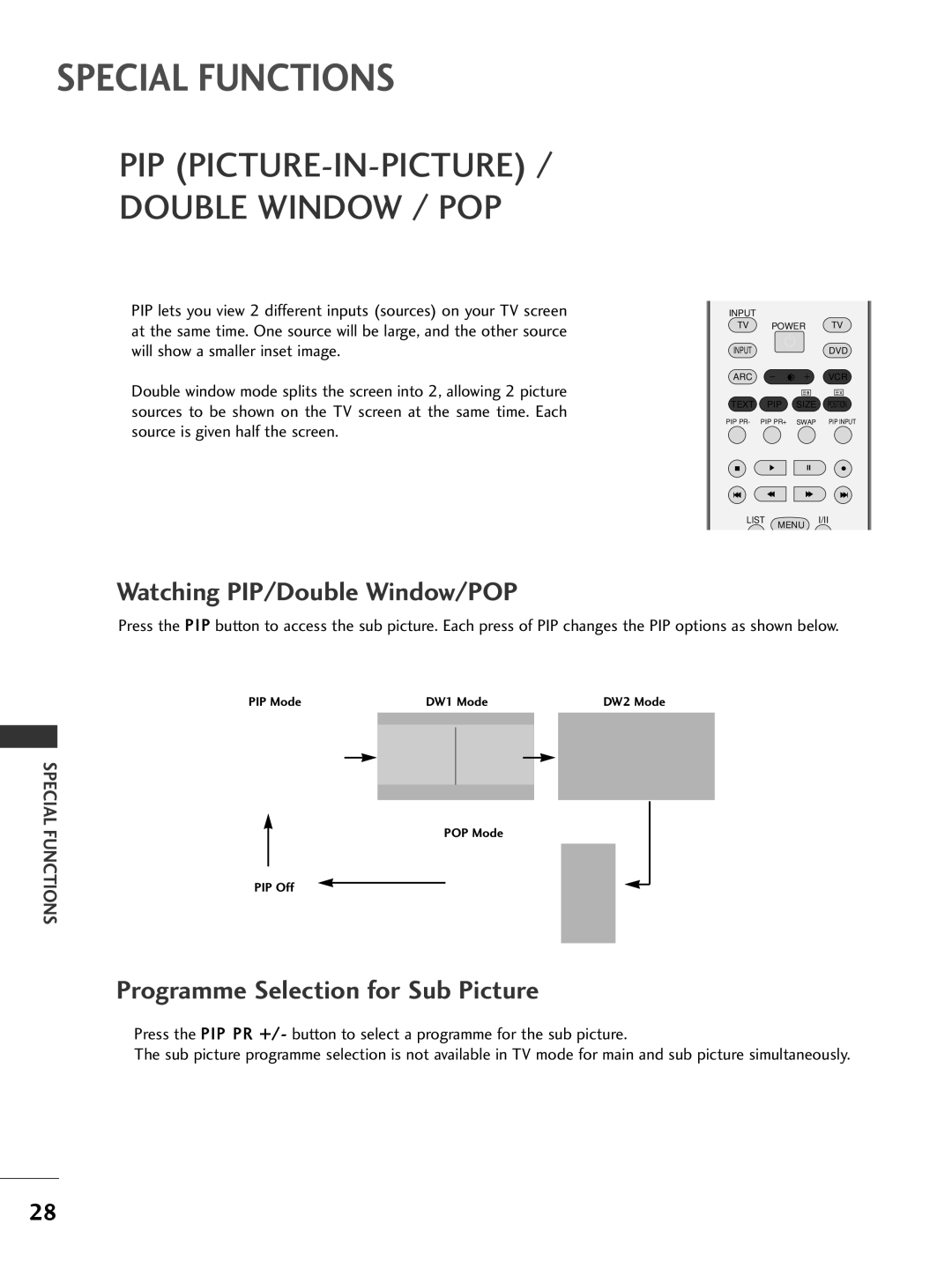 LG Electronics 42LC2R, 42PC3R, 37LC2R, 50PC1R owner manual Watching PIP/Double Window/POP, Programme Selection for Sub Picture 