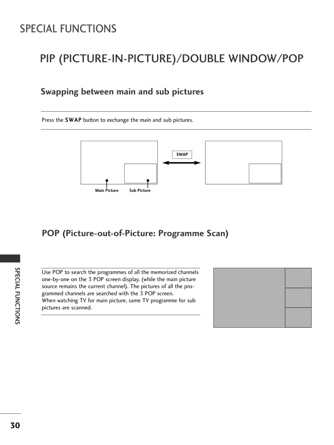 LG Electronics 42PC3R, 37LC2R, 42LC2R Swapping between main and sub pictures, POP Picture-out-of-Picture Programme Scan 